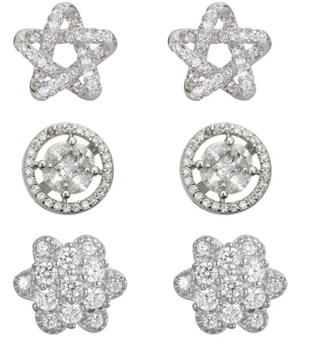 Sterling Silver Rhodium Star, Flower and Rd Halo Stud Set 