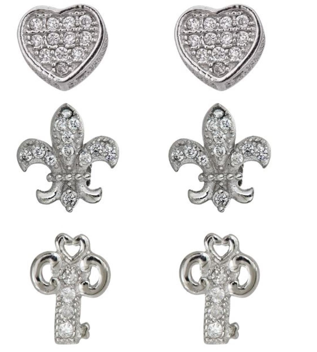 Sterling Silver Rhodium Heart, Key and Fleur De Lis Stud Set