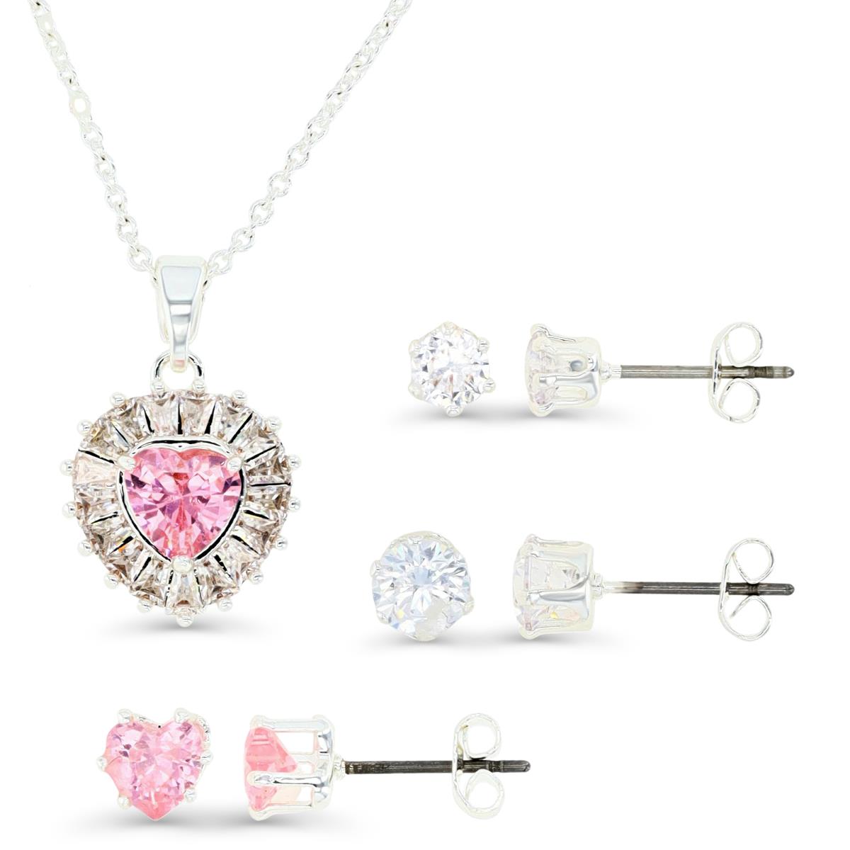 Platinum Plated Brass Silver Plated & Pink and White CZ Heart Halo 16+2" Necklace and 5.5MM HT Pink CZ, 5MM & 4MM RD White CZ Stud Earrings 4pc Set