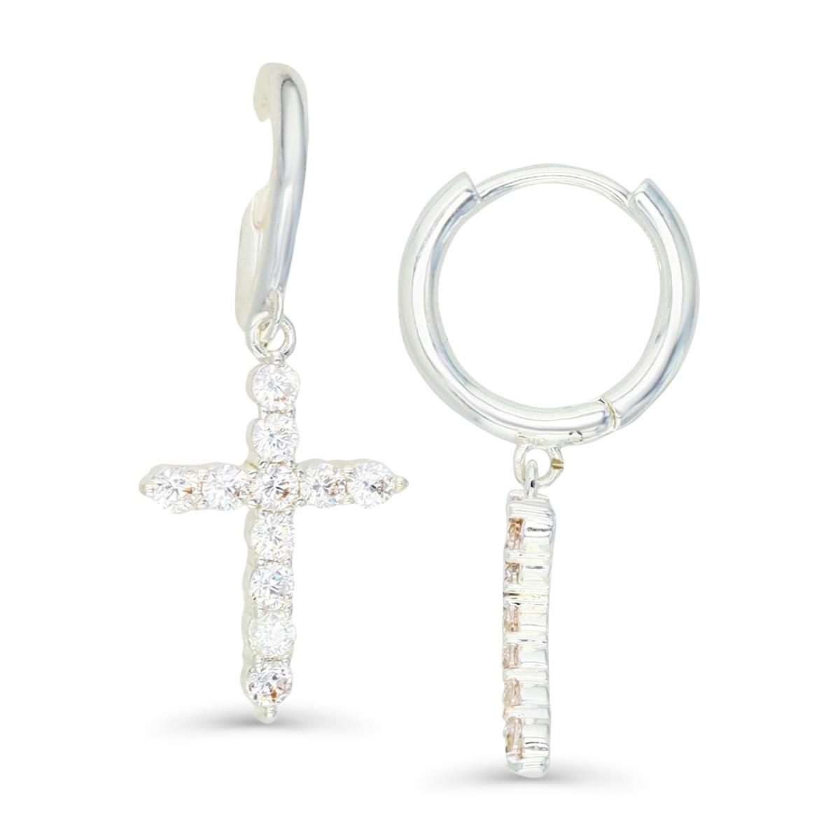 Platinum Plated Brass Silver Plated & White CZ Cross Dangling Huggie Earring
