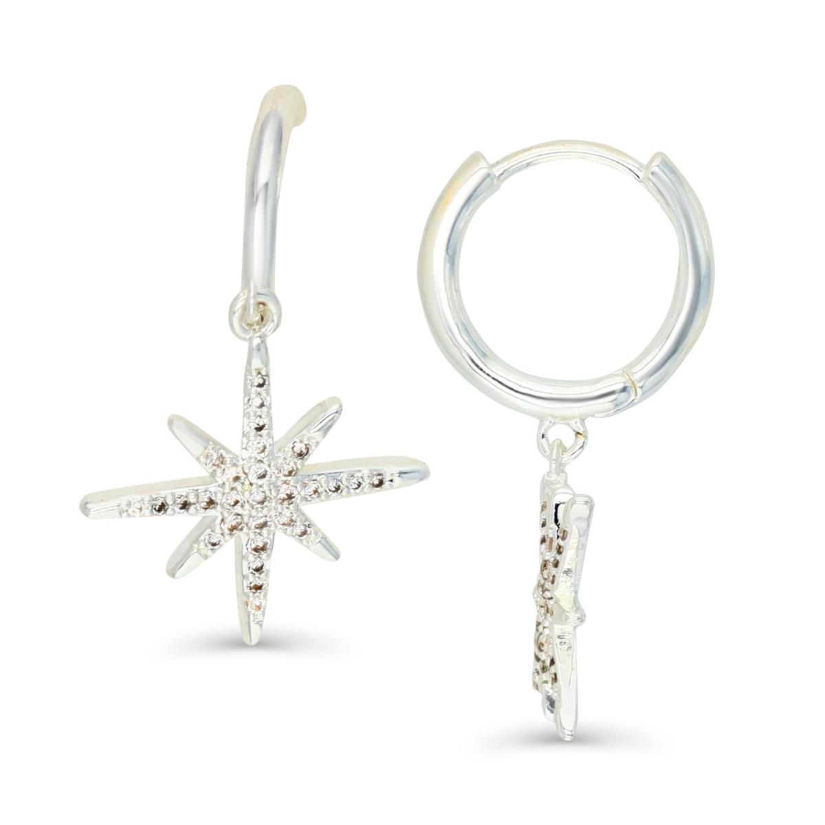 Platinum Plated Brass Silver Plated & White CZ Starburst Dangling Huggie Earring