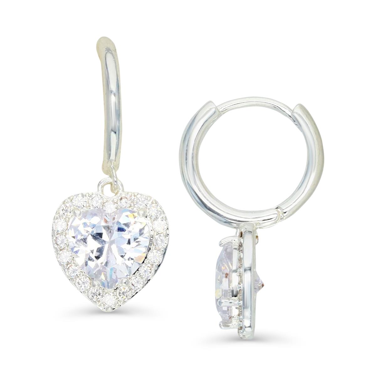 Platinum Plated Brass Silver Plated & White CZ Heart Dangling  Huggie Earring