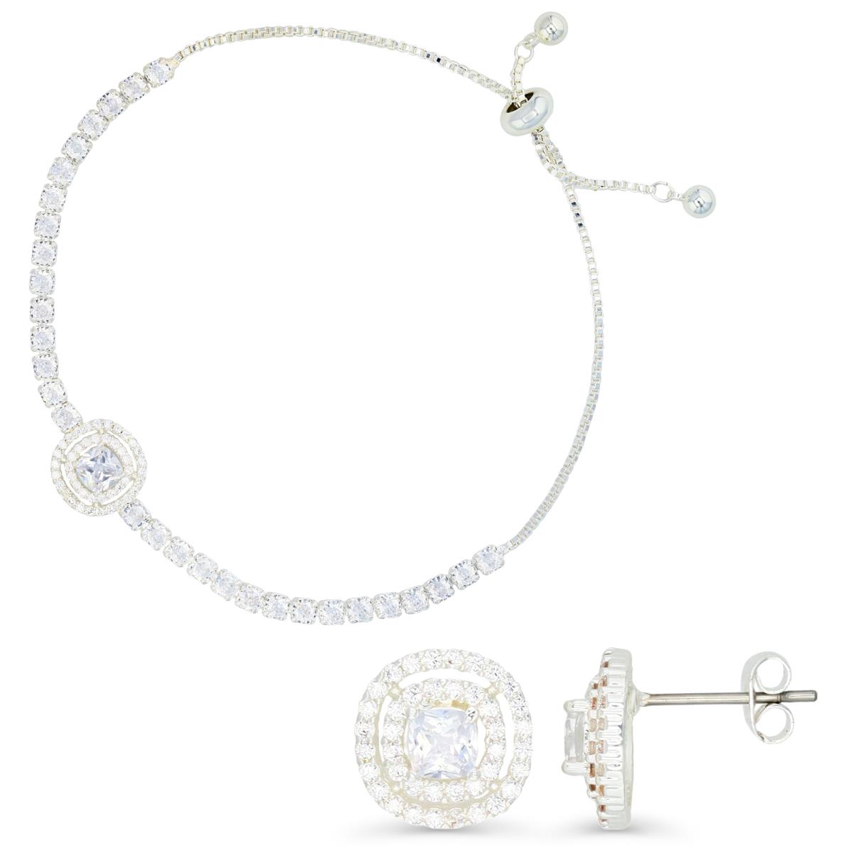 Platinum Plated Brass Silver Plated & White CZ Tennis Halo Bolo Bracelet, Halo 16+2" Necklace, Halo Stud Earrings Set