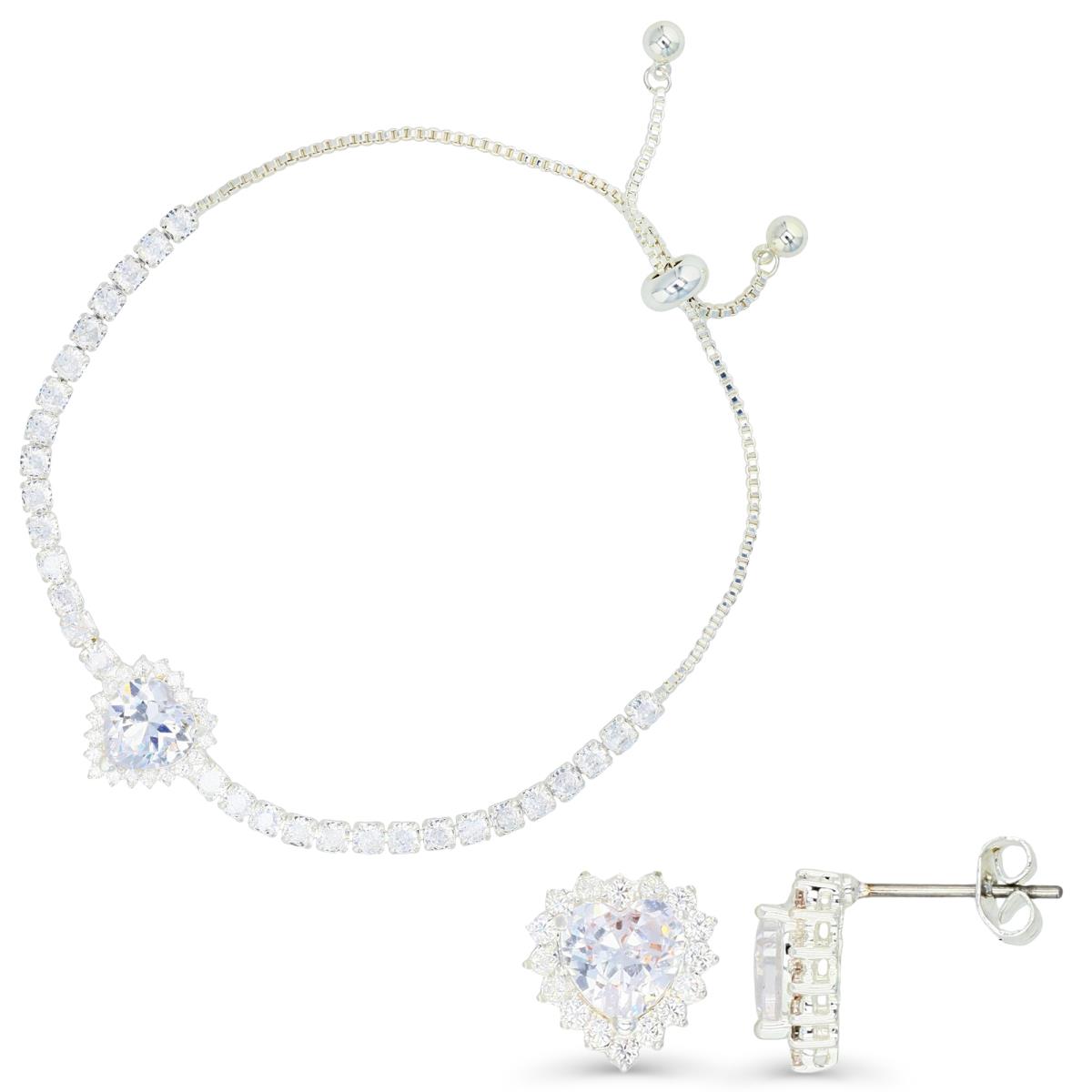 Platinum Plated Brass Silver Plated & White CZ Heart Halo Tennis Bolo Bracelet, 16+2" Necklace and Heart Halo Stud Earrings Set