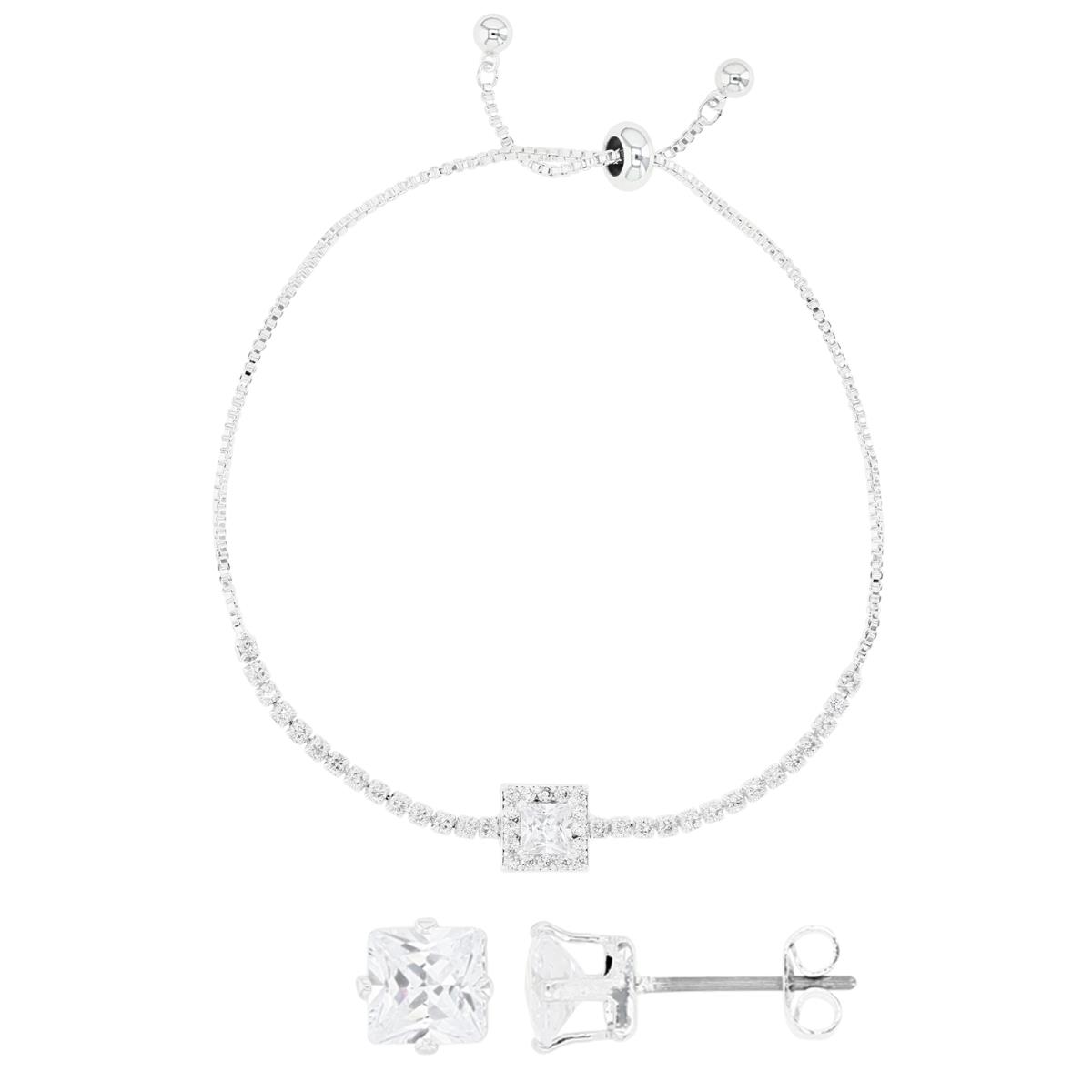 Platinum Plated Brass Silver Plated & White CZ Square Halo Tennis Bolo Bracelet and 5MM PC Stud Earrings Set
