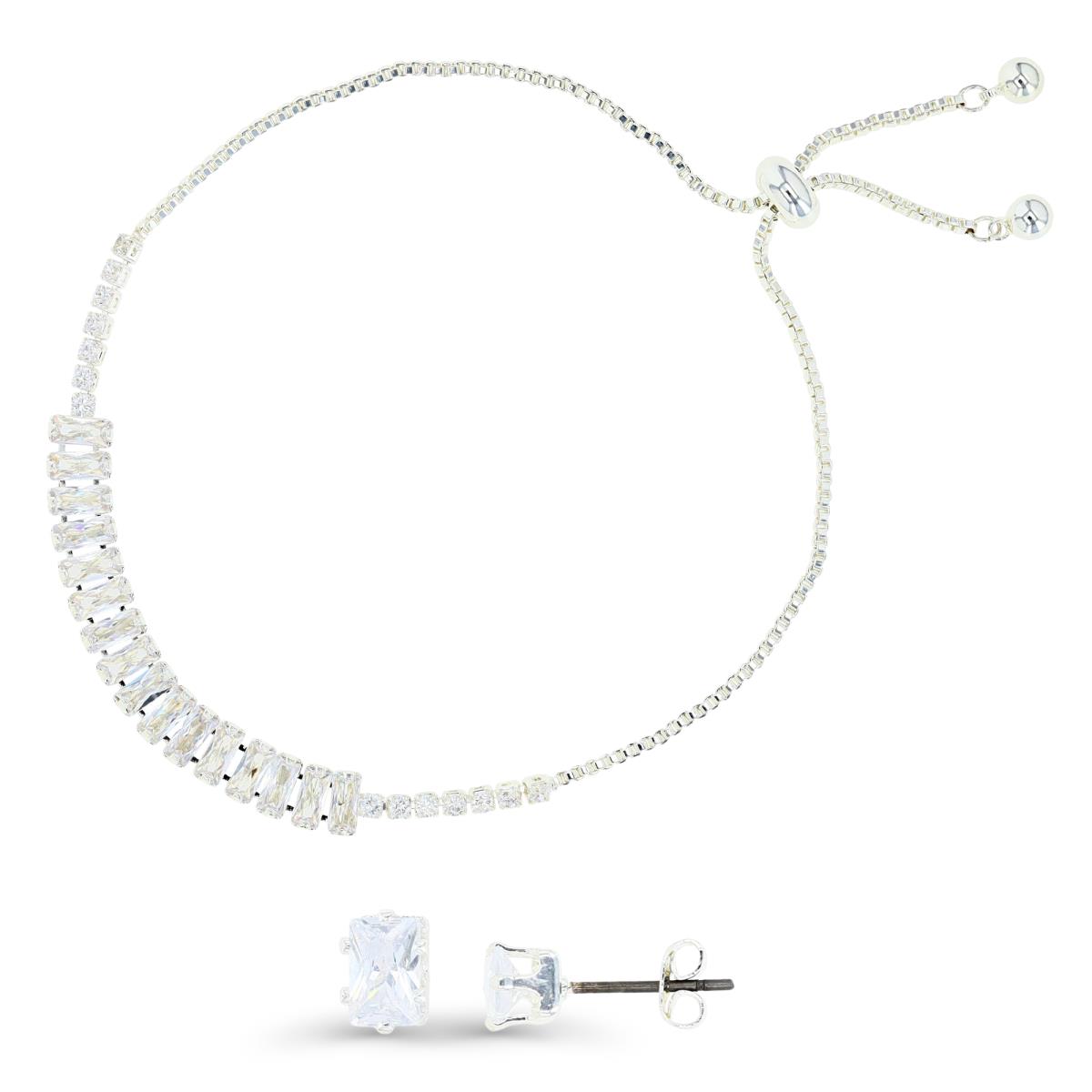 Platinum Plated Brass Silver Plated & Baguette Ct. White CZ Half Tennis Bolo Bracelet and 6X4MM Stud Earrings Set