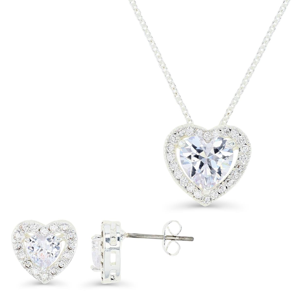 Platinum Plated Brass Silver Plated & White CZ Heart Halo 16+2" Necklace and Halo Stud Earrings Set