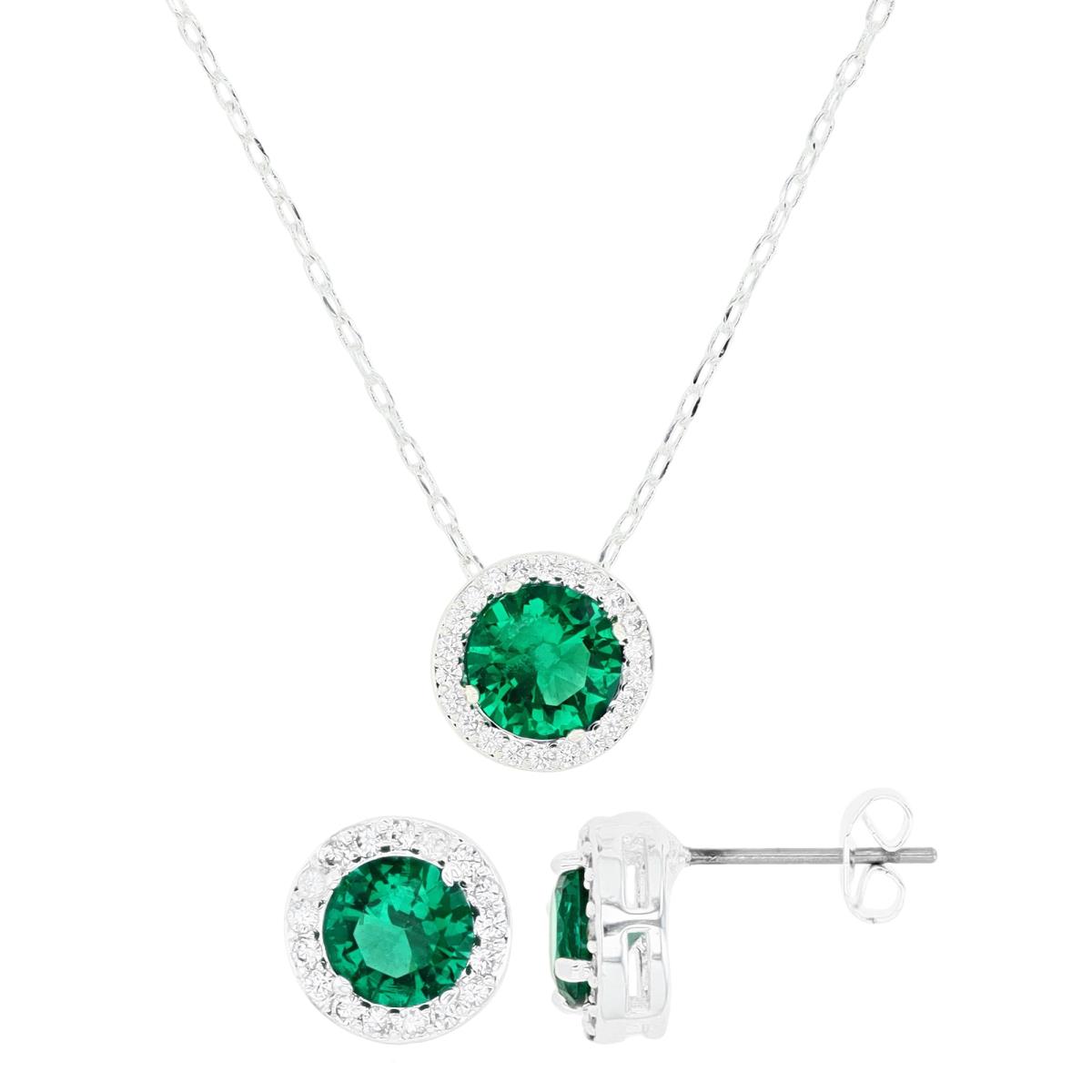 Platinum Plated Brass Silver Plated & Green and White CZ Halo Slider Pendant 16+2" Necklace and Halo Stud Earrings Set 