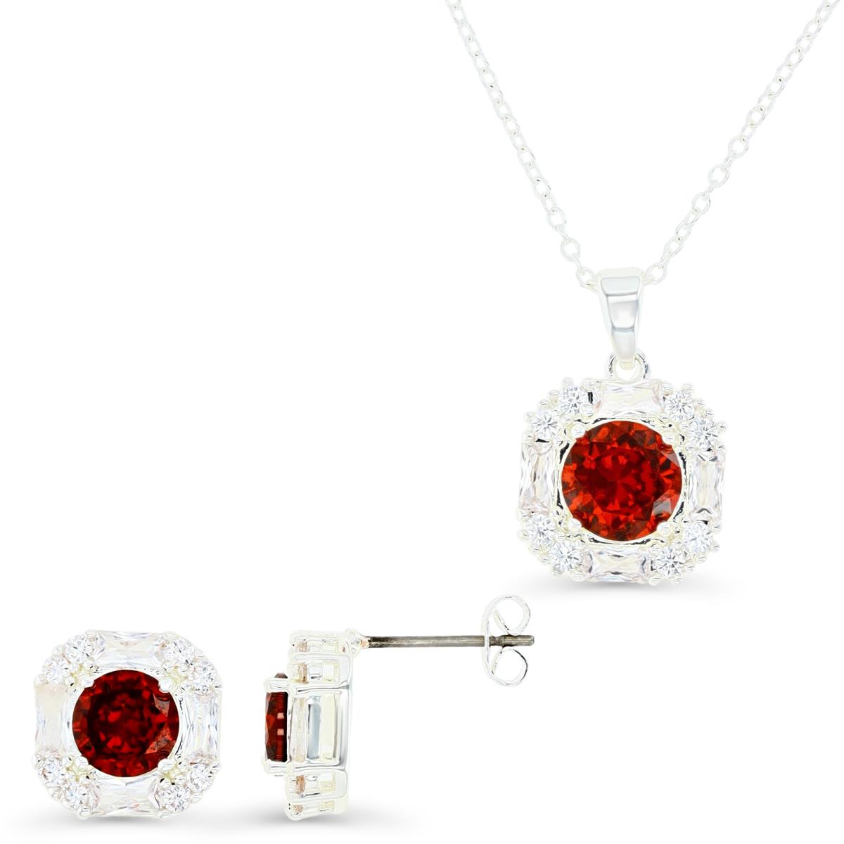 Platinum Plated Brass Silver Plated & Red and White CZ Halo 16+2" Necklace and Stud Earrings Set