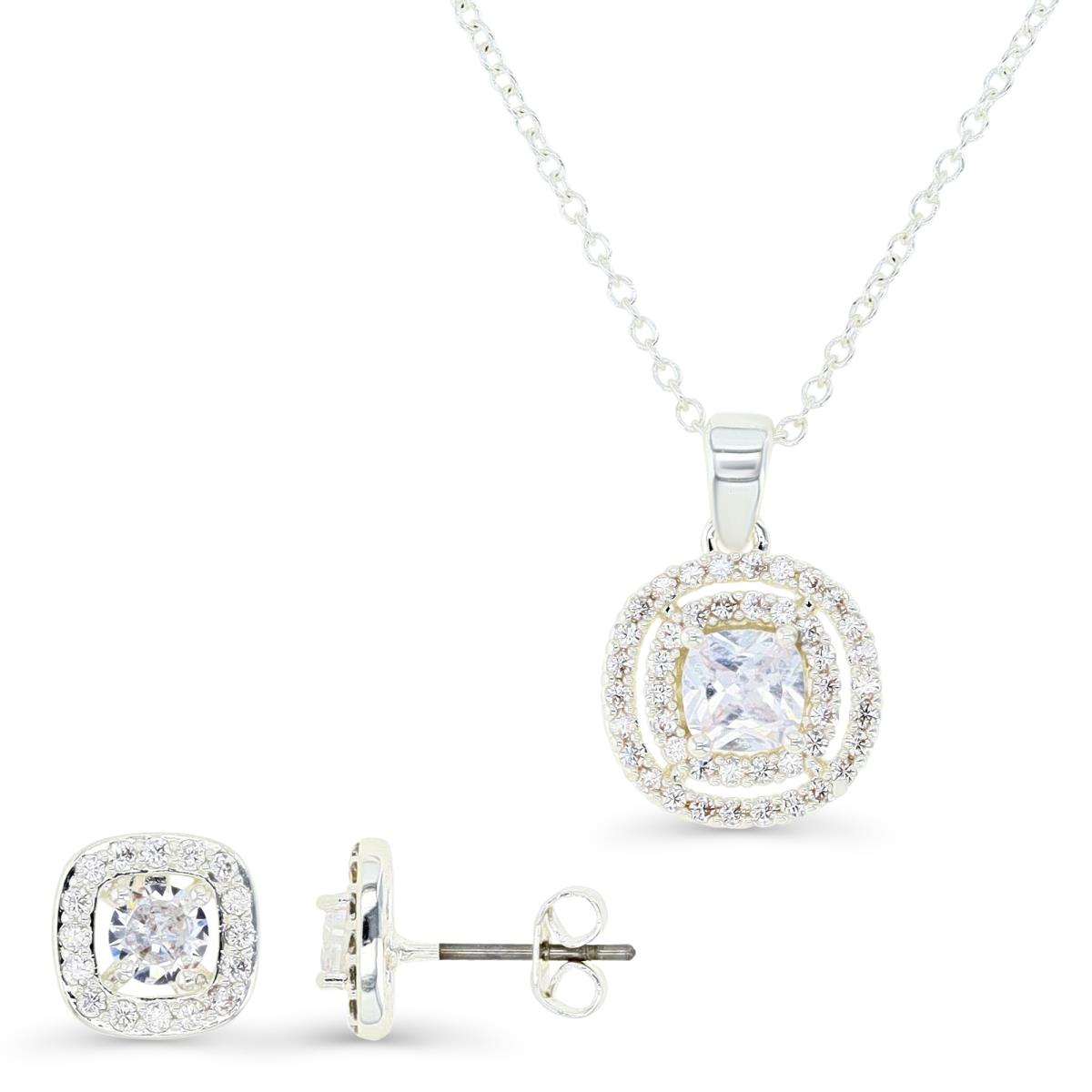 Platinum Plated Brass Silver Plated & White CZ Halo 16+2" Necklace and 8MM Halo Stud Earrings Set 
