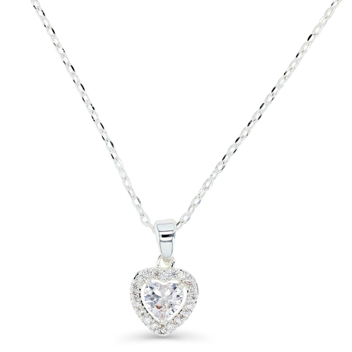 Platinum Plated Brass Silver Plated & White CZ Heart 16+2" Necklace