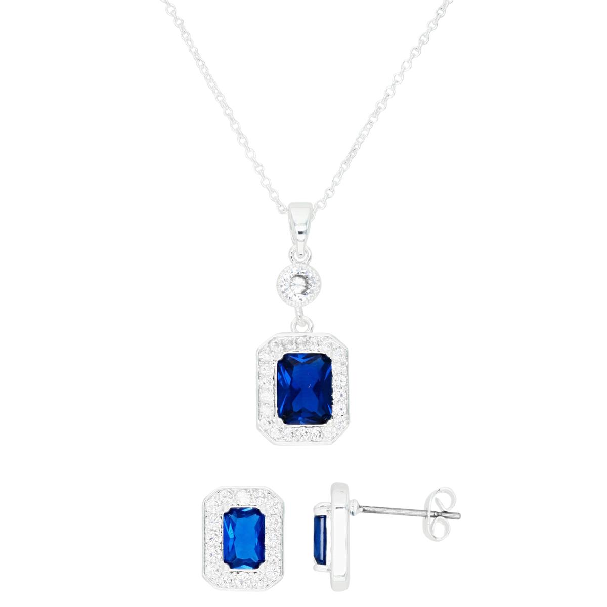 Platinum Plated Brass Silver Plated & Sapphire Blue Em Ct. and White Rd Ct. CZ  Rectangle Halo 16+2" Necklace and Stud Earrings Set
