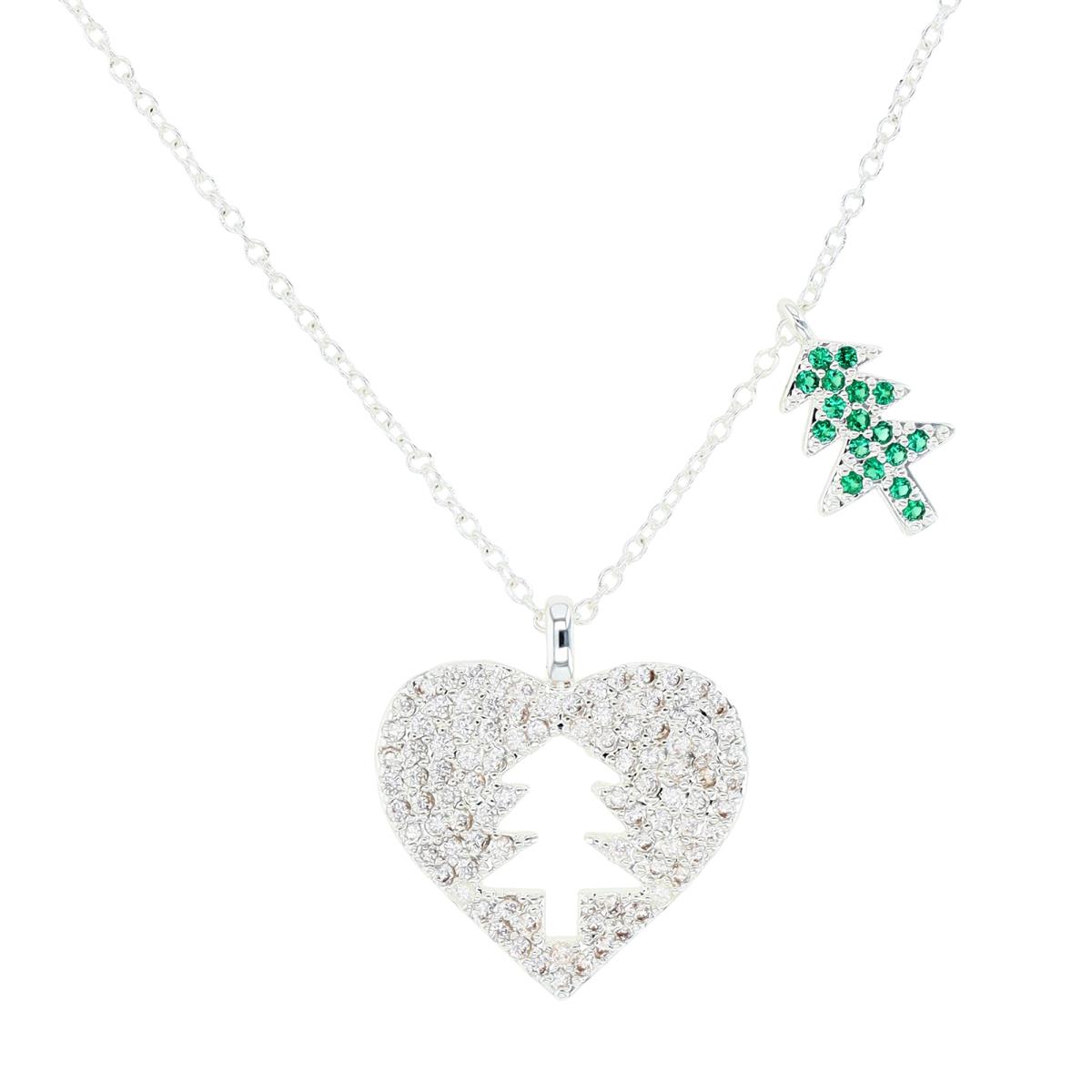 Platinum Plated Brass Silver Plated & Green and White CZ Heart and Christmas Tree Cutout 16+2" Necklace