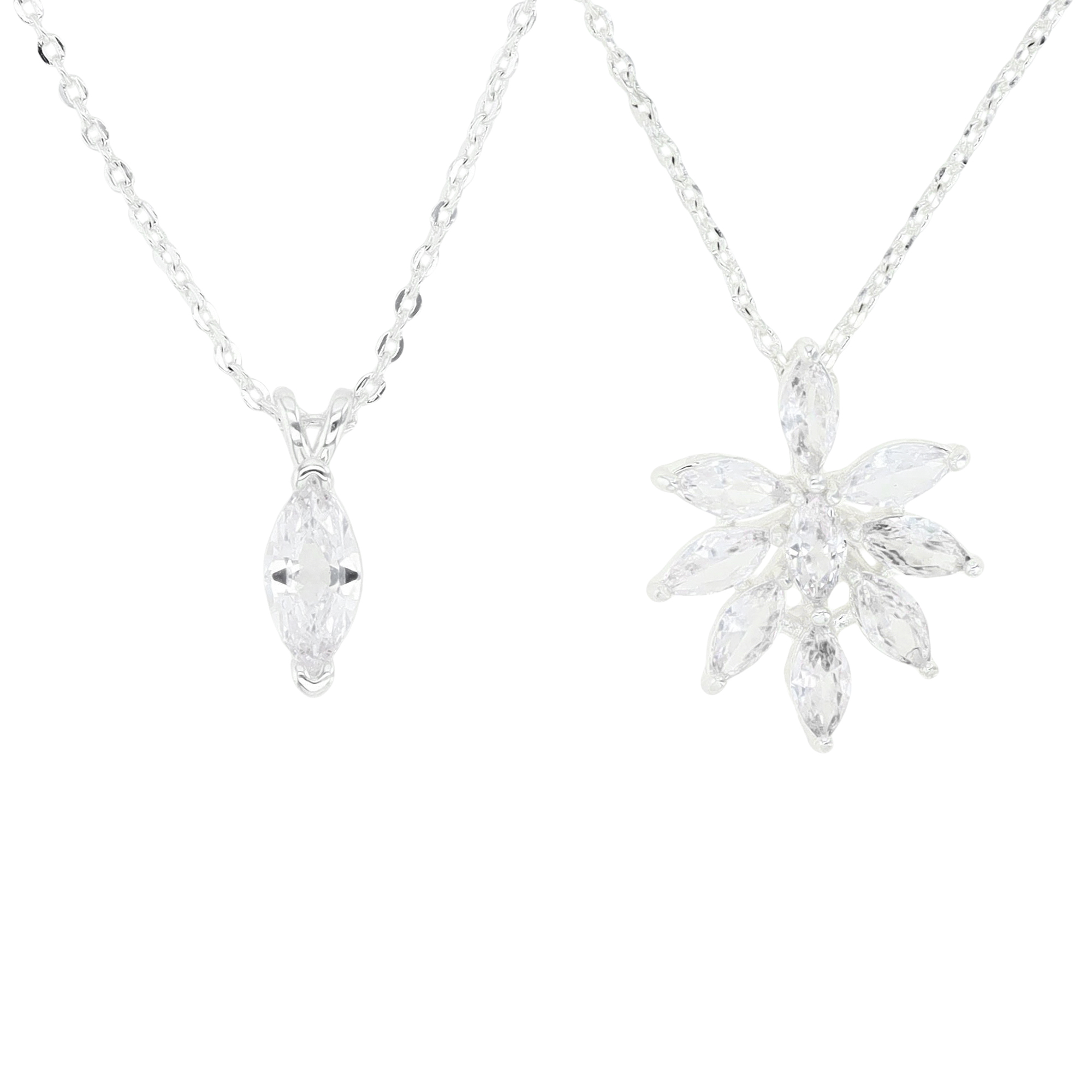 Platinum Plated Brass Silver Plated & MA Ct. White CZ Leaf 16+2" Necklace and Solitaire Pendant 15.5+2" Necklace Set