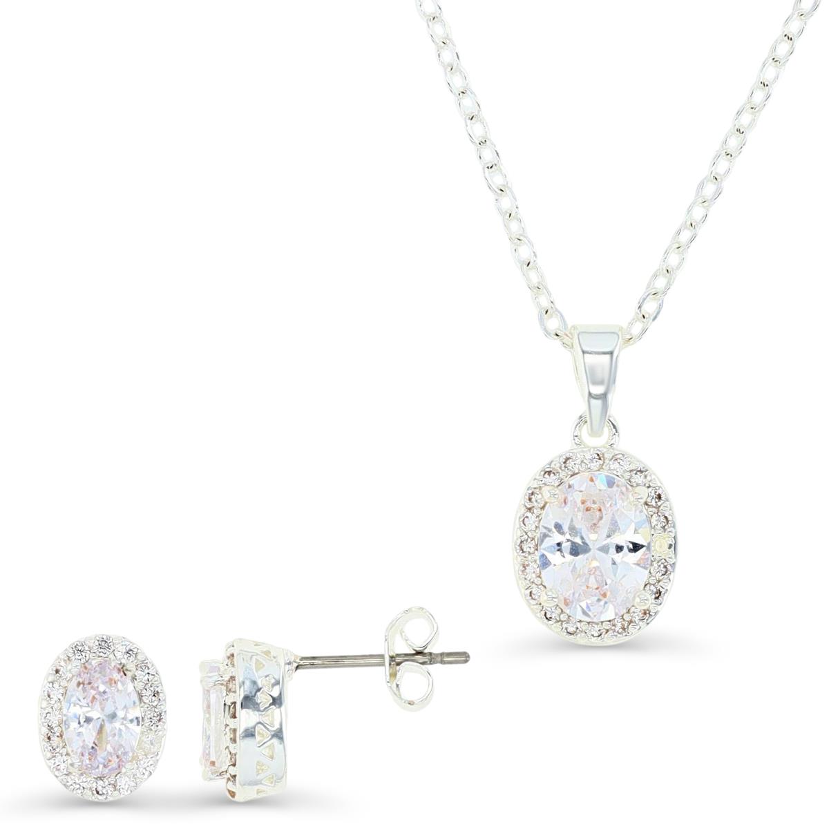 Platinum Plated Brass Silver Plated & OV Ct. White CZ Halo 16+2" Necklace and Oval Stud Earrings set
