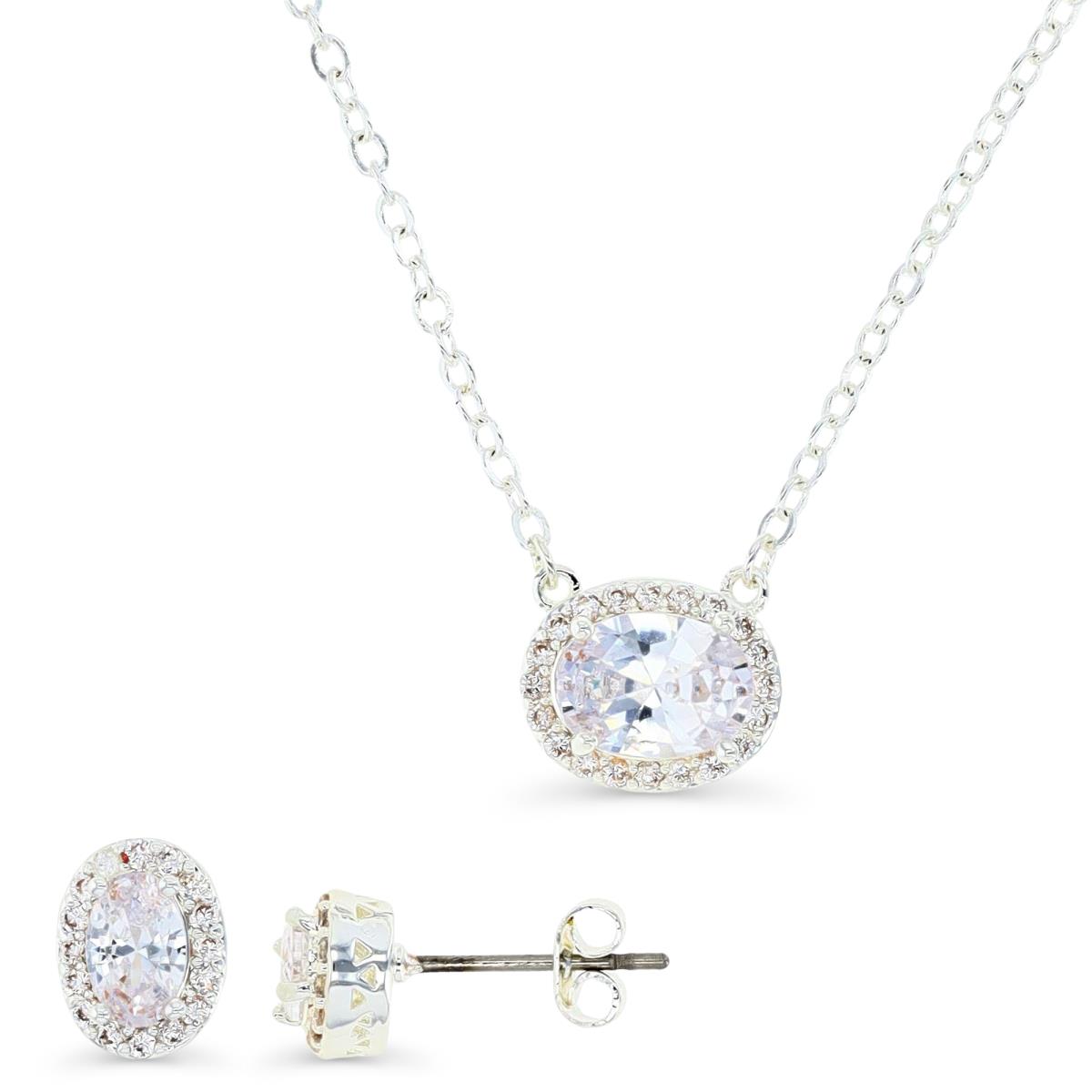 Platinum Plated Brass Silver Plated & OV CT. White CZ Halo 16+2" Necklace and Oval Halo Stud Earrings Set