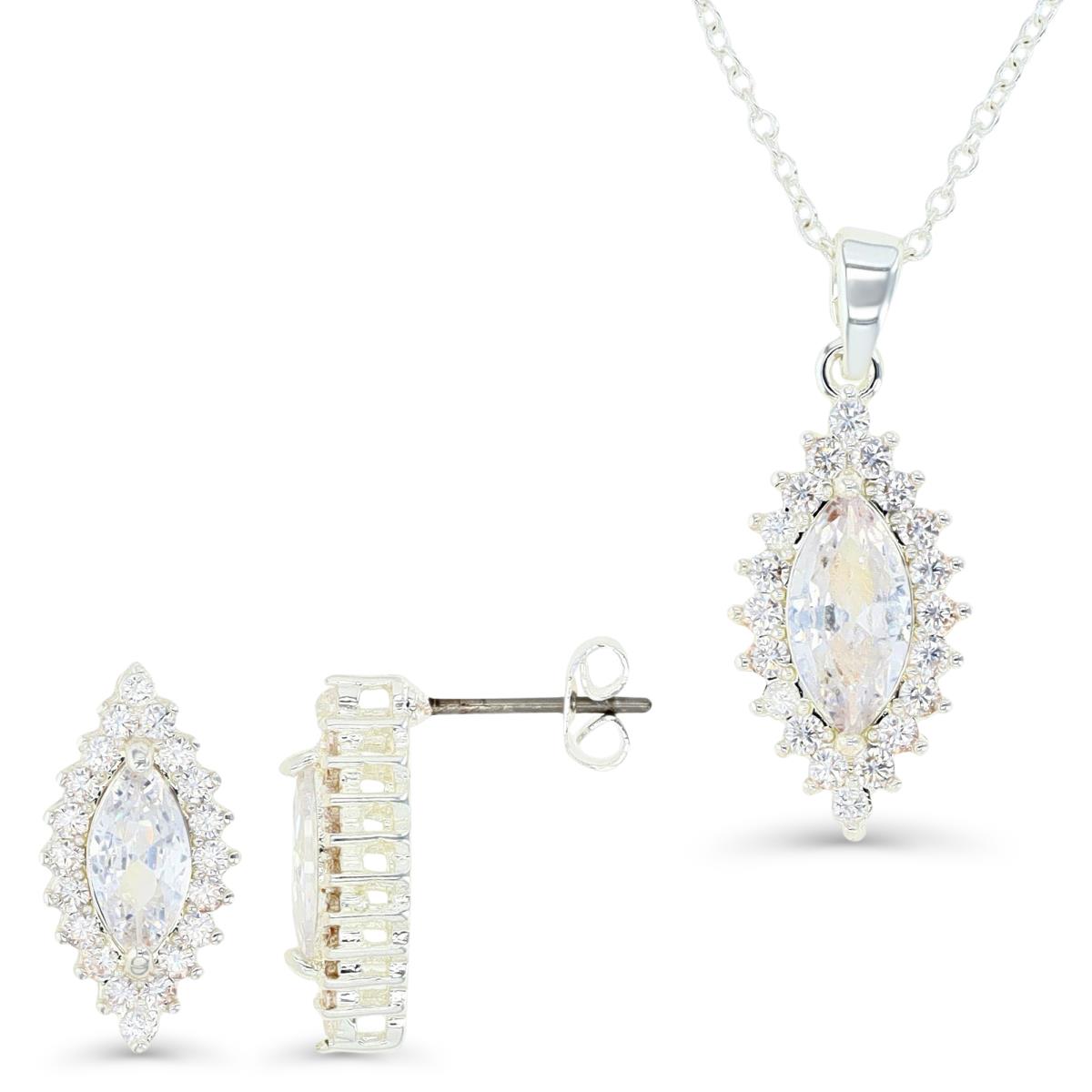 Platinum Plated Brass Silver Plated & MA Ct. White CZ Marquise Halo 16+2" Necklace and Marquise Stud Earrings Set 