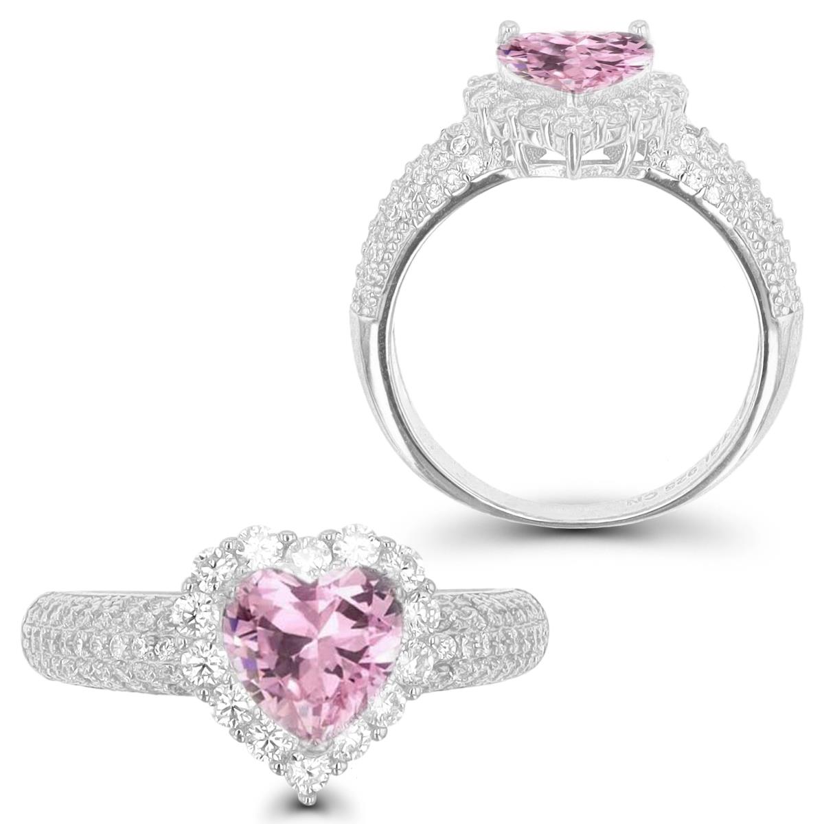 Sterling Silver Rhodium 7X7MM White CZ Pave & Pink CZ Heart Shape 3Prong Fashion Ring