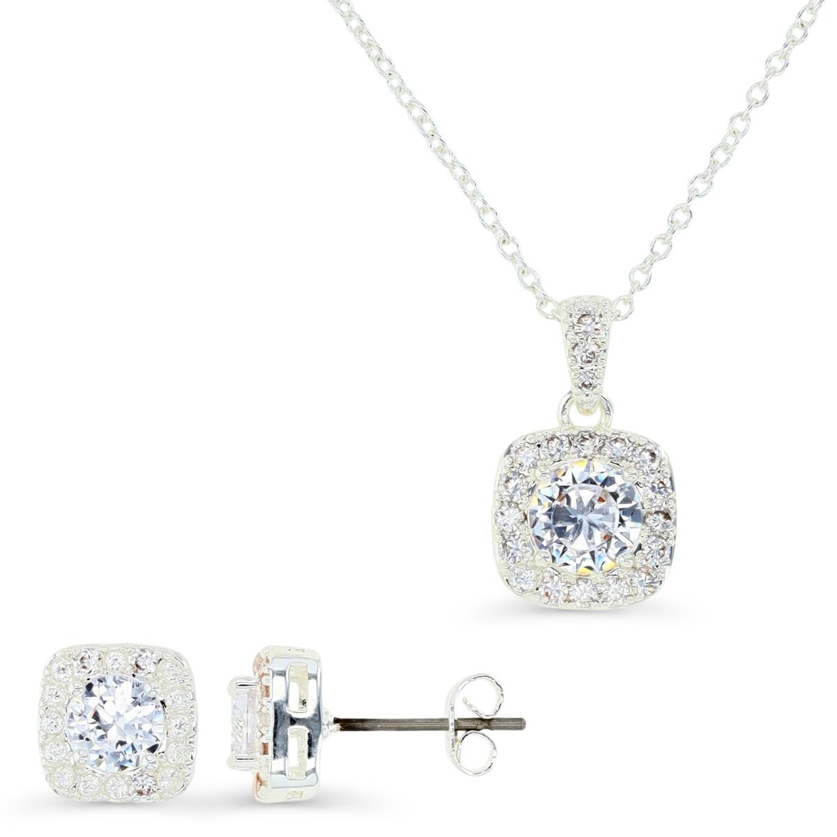 Platinum Plated Brass Silver Plated & White CZ Suare Halo 16+2" Necklace and Sutd Earrings Set