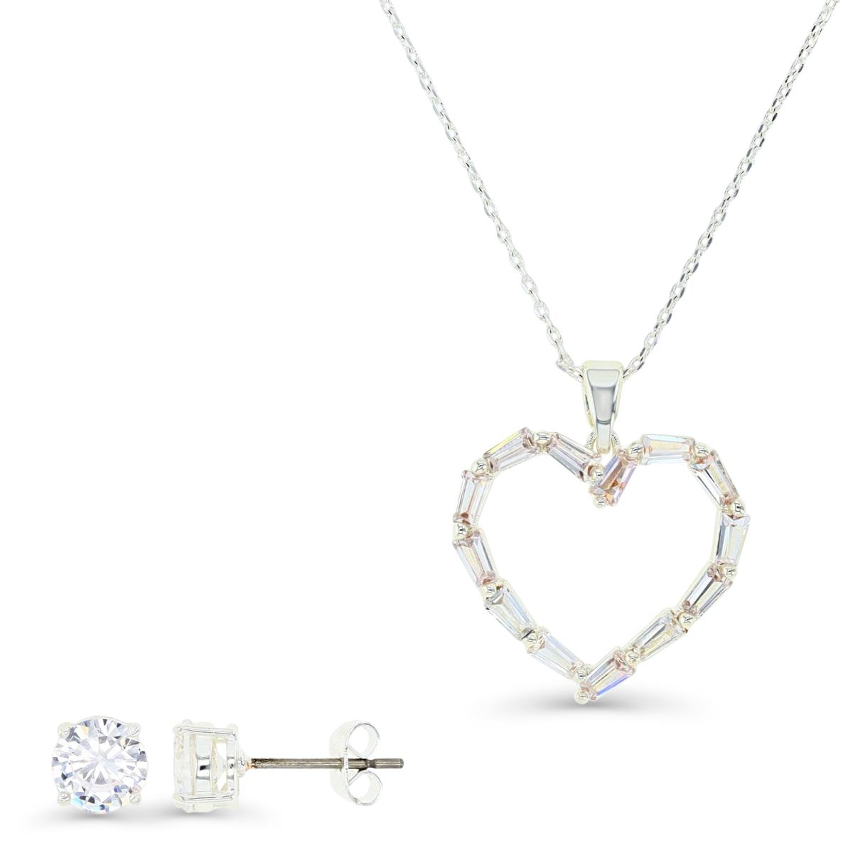 Platinum Plated Brass Silver Plated & TB Ct. White CZ Heart 16+2' NEcklace and 6MM RD Stud Earrings Set 