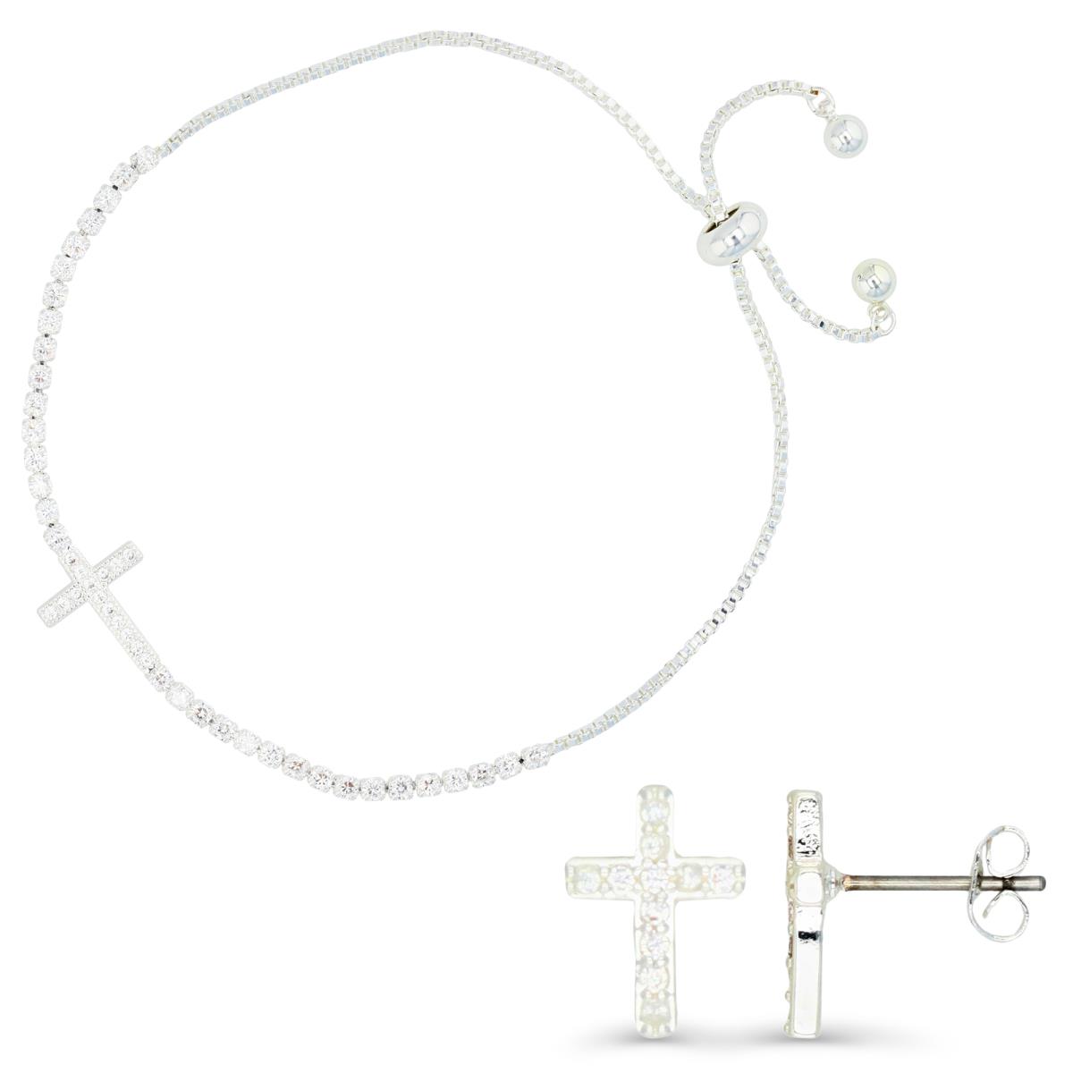 Platinum Plated Brass Silver Plated & White CZ Sidways Cross Tennis Bolo Baracelet and Cross Stud Earrings Set