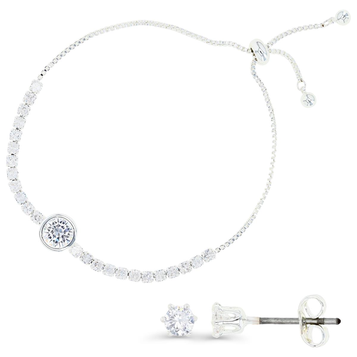 Platinum Plated Brass Silver Plated & White CZ RD Bezel Set Center Stone 3MM Tennis Bolo Bracelet and RD 3MM Stud Earrings Set 