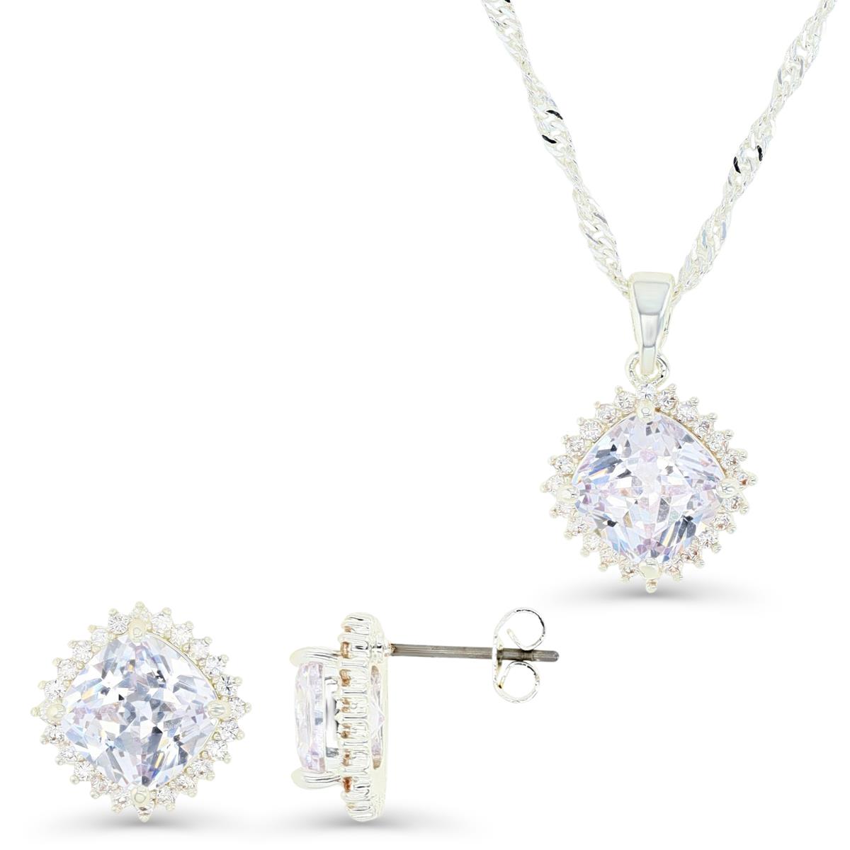 Platinum Plated Brass Silver Plated & CU Ct. White CZ Halo 16+2" Necklace and Stud Earrings Set