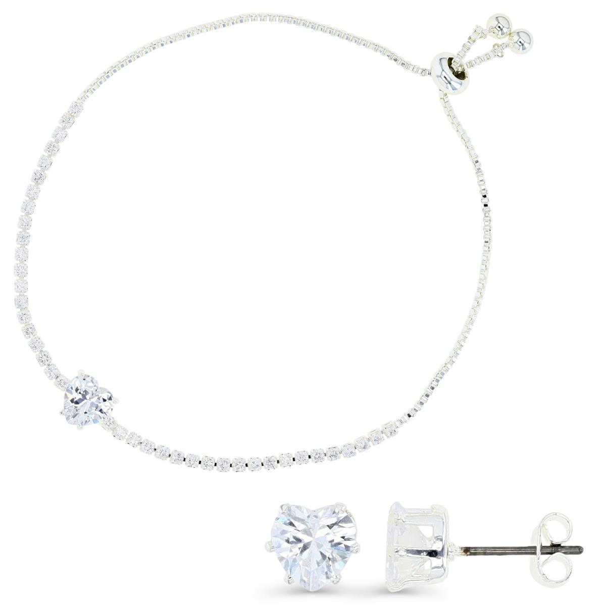 Platinum Plated Brass Silver Plated & White CZ 8MM Heart, 2MM Teannis Bolo Bracelet and 6MM HE Ct Stud Earrings Set
