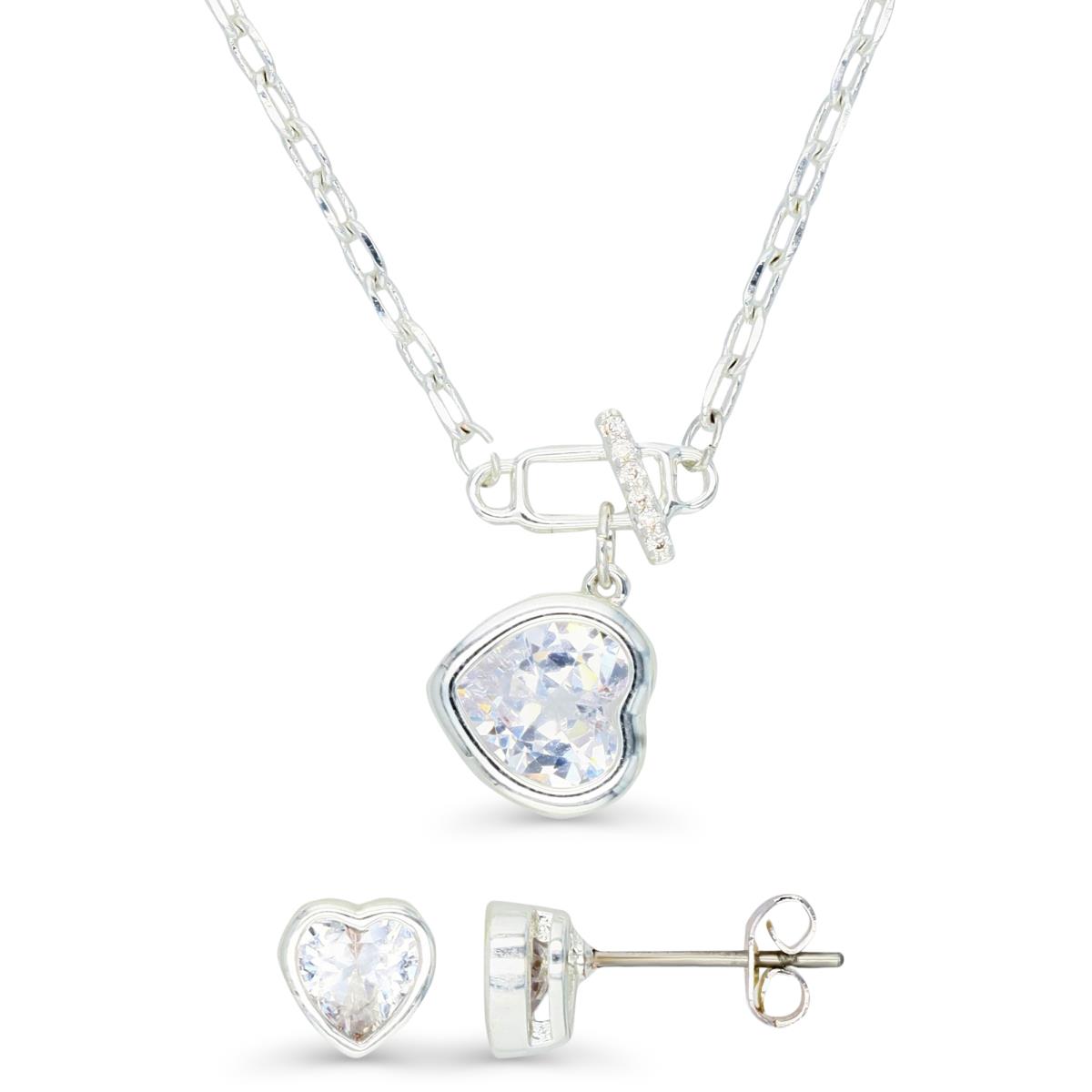 Platinum Plated Brass Silver Plated & White CZ Bezel Set Heart and Safety Pin 16+2" NEcklace and 6MM HE Ct. Bezel Set Stud Earrings Set 
