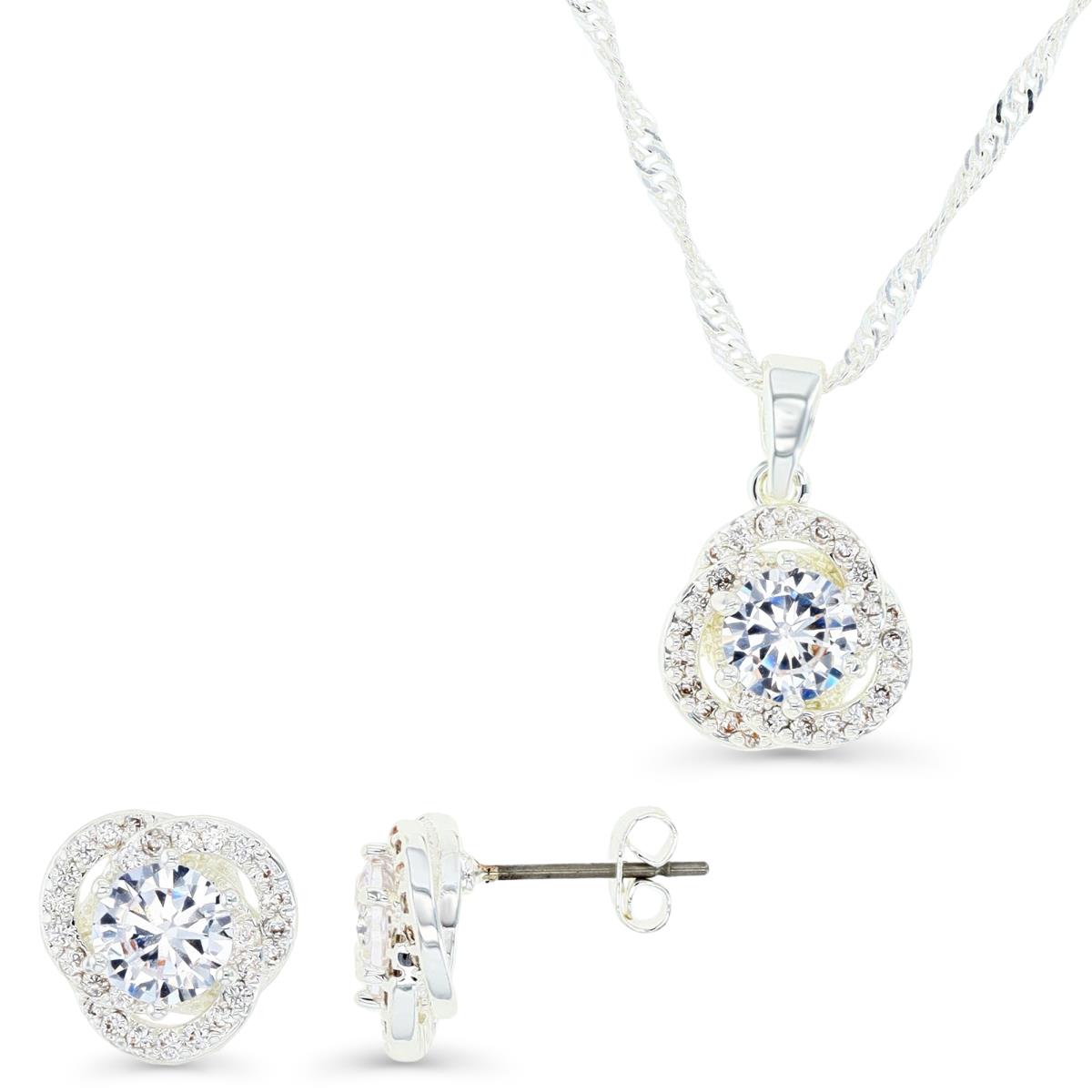 Platinum Plated Brass Silver Plated & White CZ Halo Floral 16+2" Necklace and Stud Earrings Set