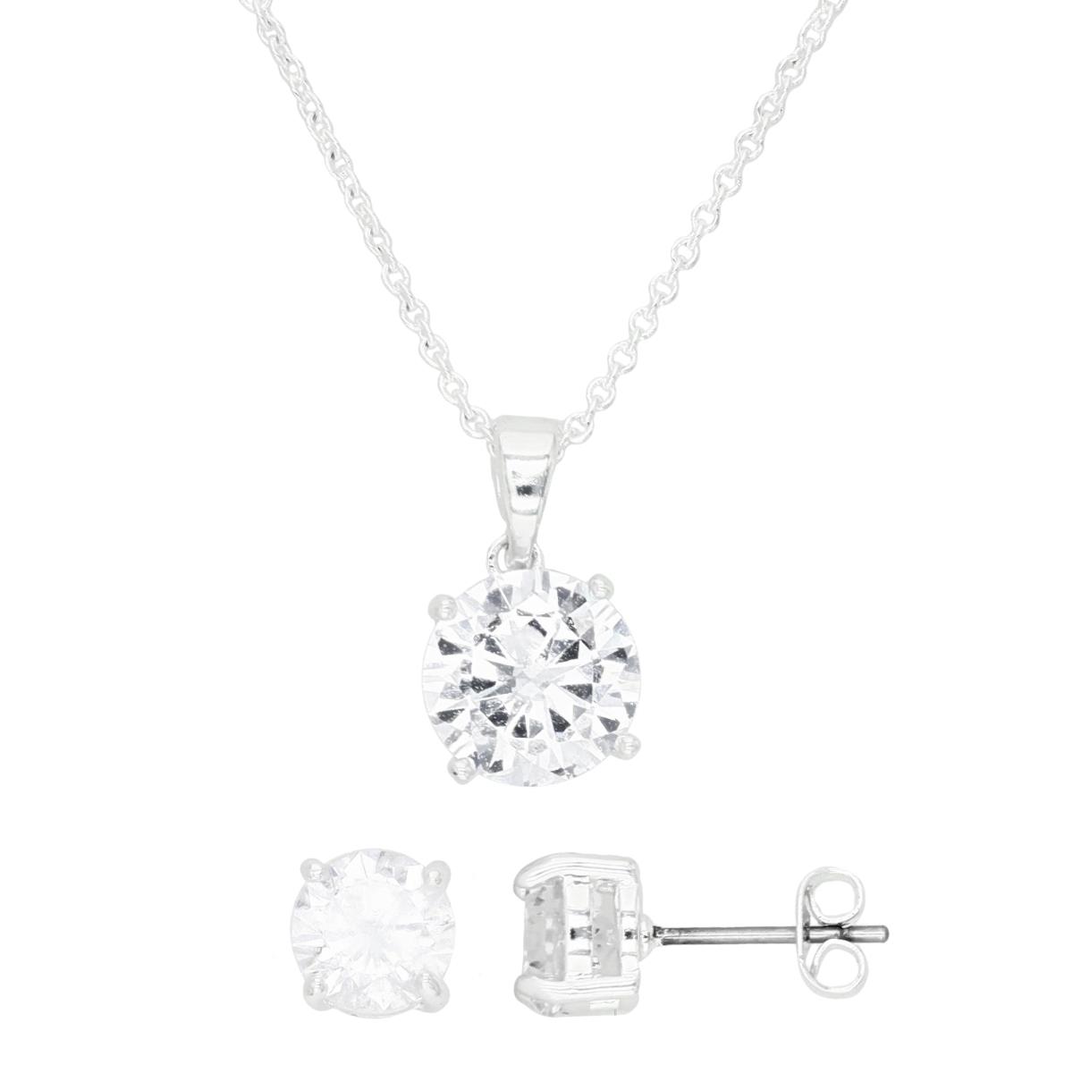Platinum Plated Brass Silver Plated & White CZ 8MM Solitaire 16+2" Necklace and 6MM Stud Earrings Set