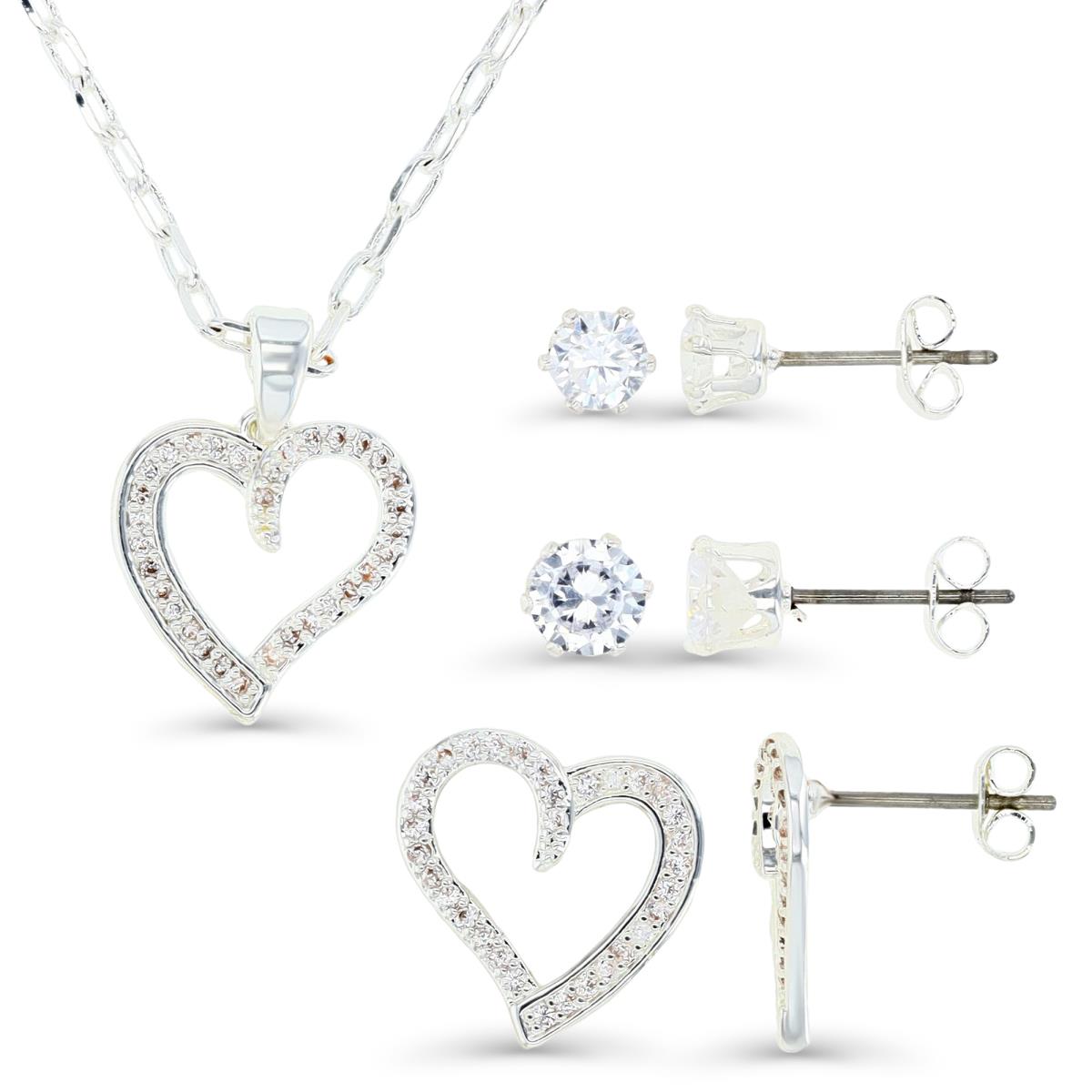 Platinum Plated Brass Silver Plated & White CZ Heart 16+2" Necklace, Heart Stud Earrings & 5MM and 4MM Stud Earrings 4PC Set