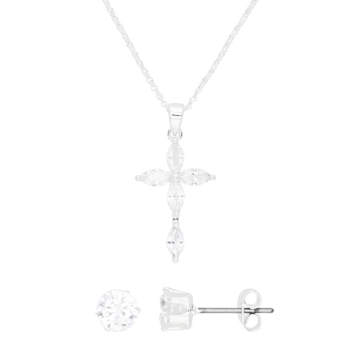 Platinum Plated Brass Silver Plated & White CZ MA Ct. Cross 16+2" Necklace and 5MM RD Ct. Stud Earrings Set