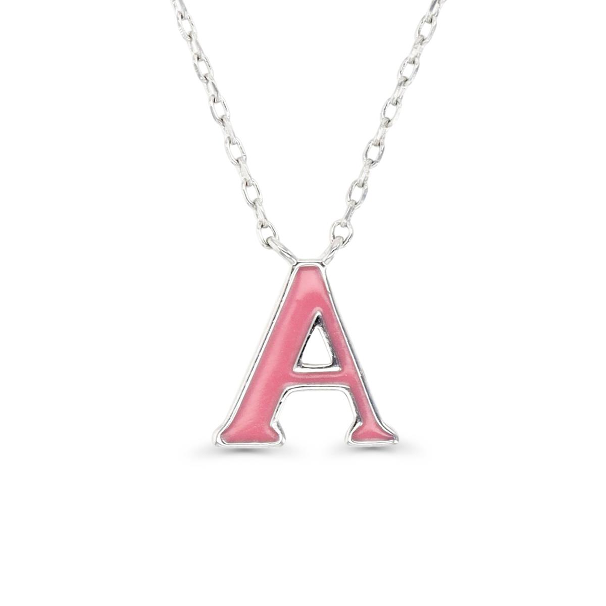 Sterling Silver Rhodium & Pink Enamel Initial "A" 13+2" Necklace