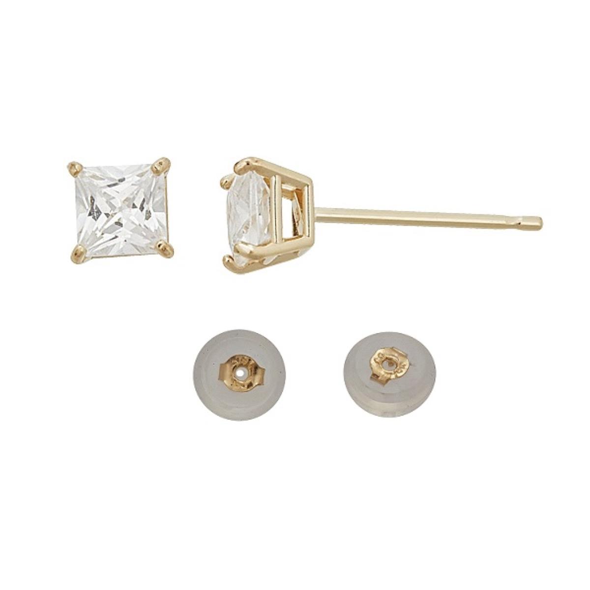 14K Yellow Gold 8.00mm Square Solitaire Stud Earring& 14K Silicone Back
