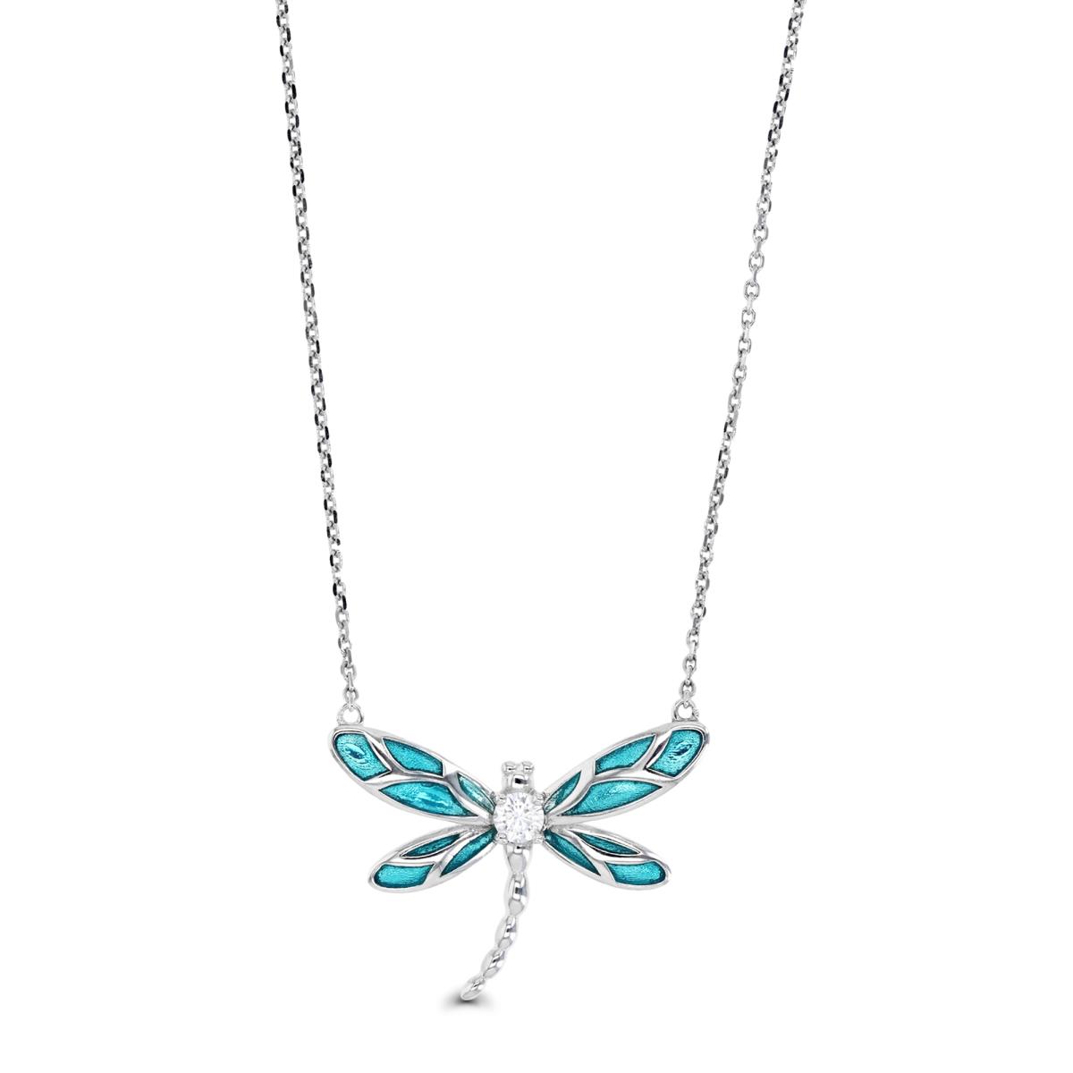 Sterling Silver Rhodium 27X20MM White CZ & Teal Enamel Dragonfly 18'' Necklace