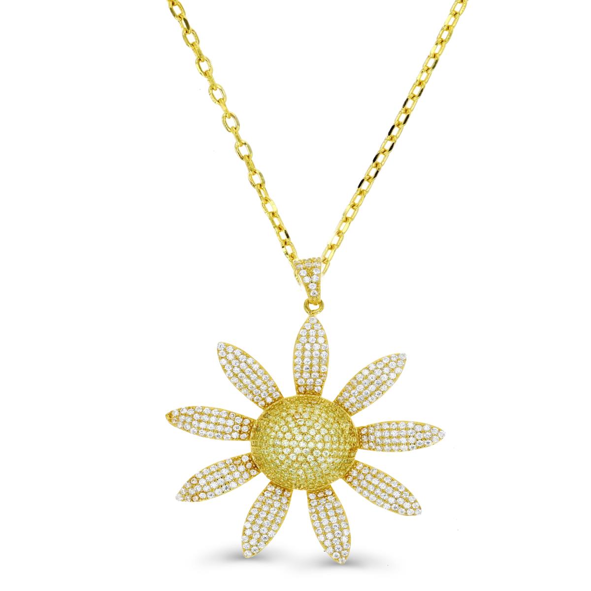 Sterling Silver Yellow 25x20MM Polished White CZ Pave Sun Flower 18'' Necklace