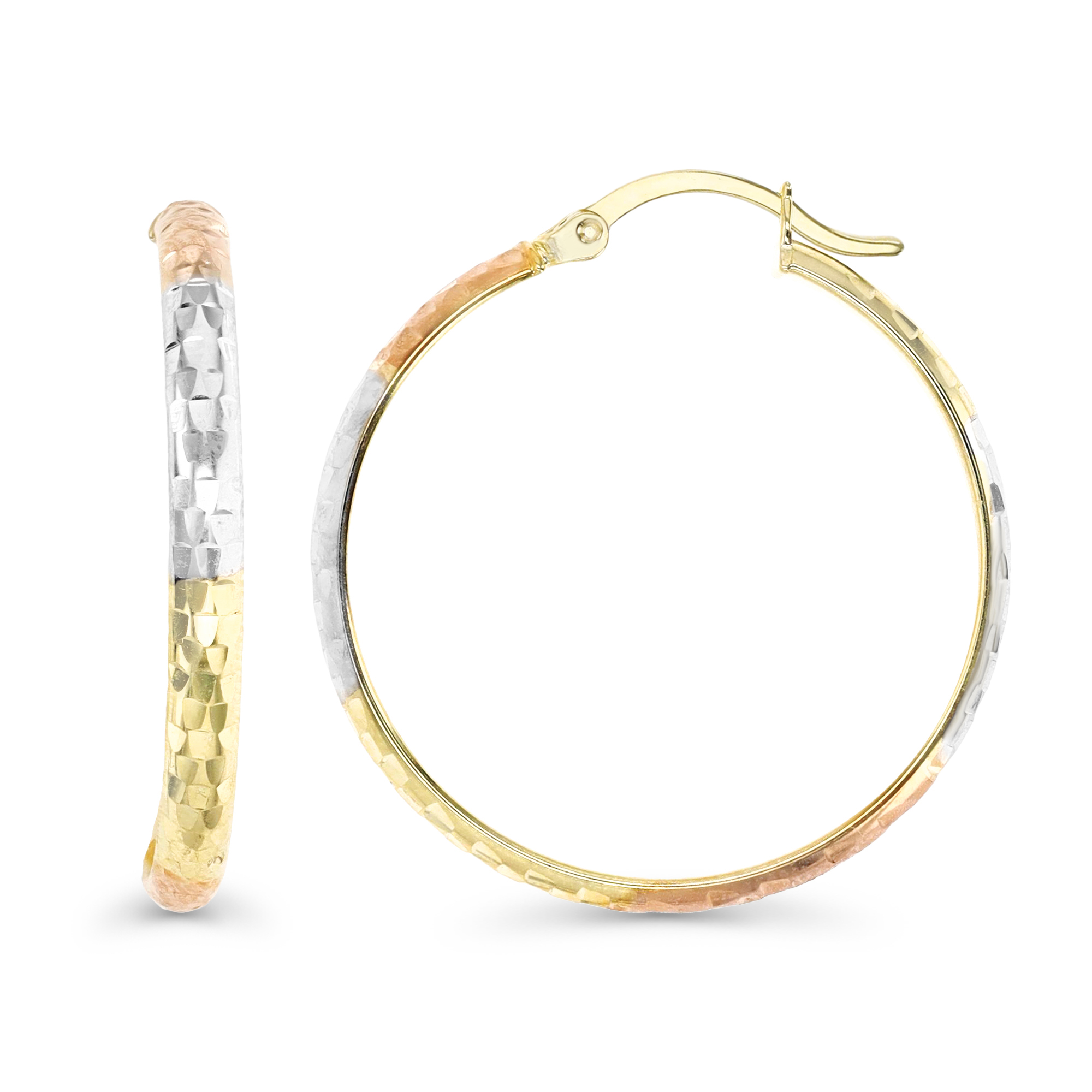 14K Gold Yellow Tri-Color 25MM Textured Hoop Earring