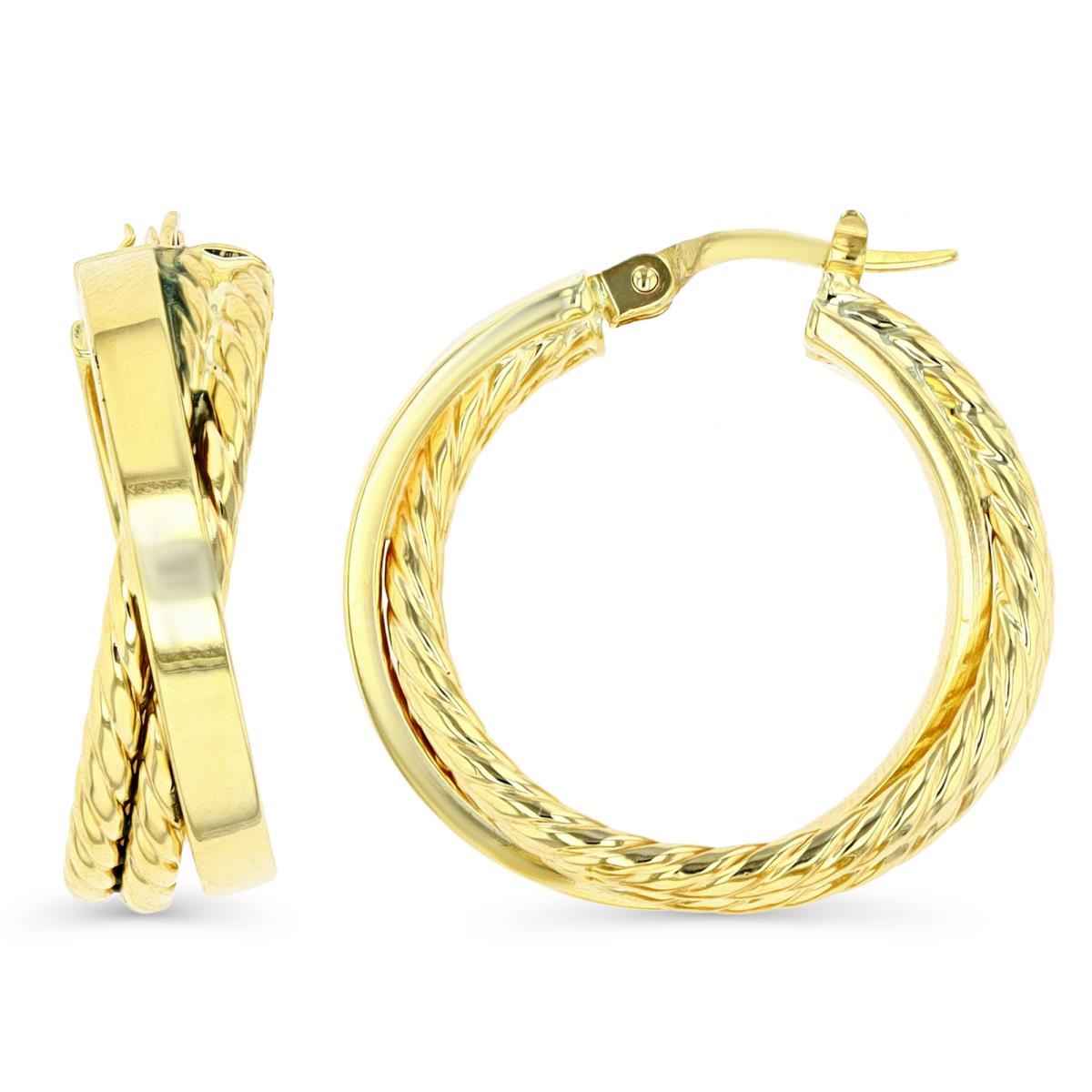 14K Gold Yellow 25X7.5MM Polished & Textured Cross Over Hoop Earring