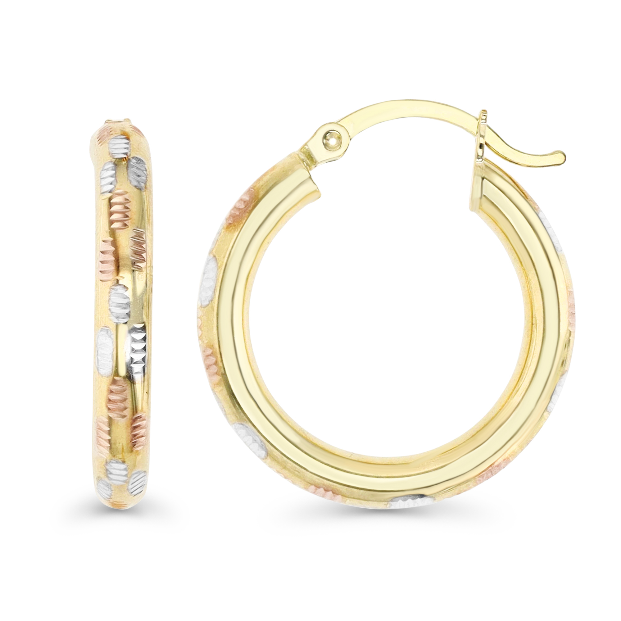 14K Gold Yellow Tricolor 15MM Diamond Cut Tube Hoop Earring