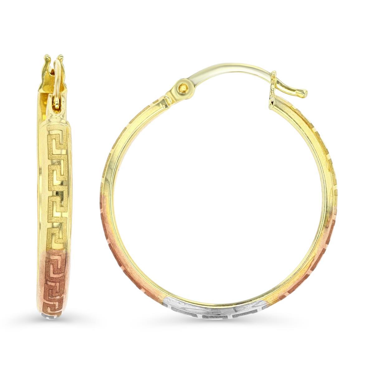 14K Gold Yellow Tricolor 20MM Greek Key Design Matte Finish Hoop Earring
