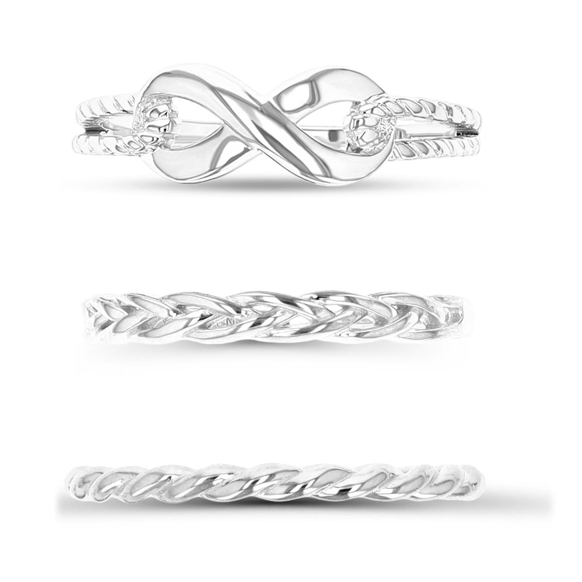 Sterling Silver Rhodium 3MM;6MM;2MM Braid Twisted Infinity Band Ring Set
