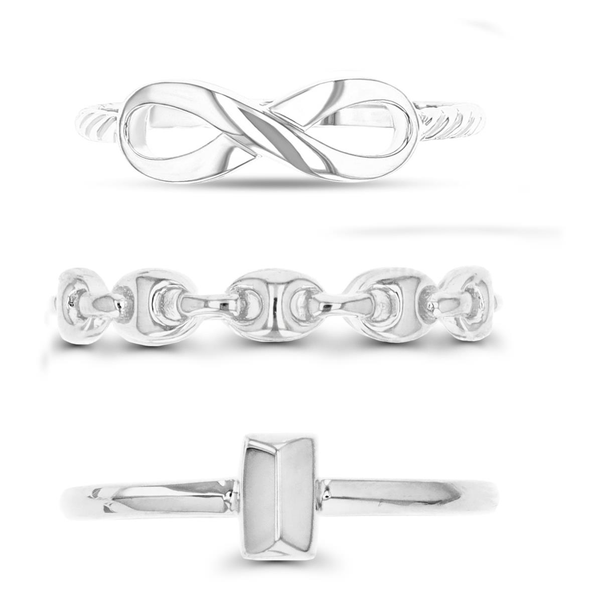 Sterling Silver Rhodium 7.5;3.5;7MM Bar / Chain Link & Fashion Twisted Ring Set