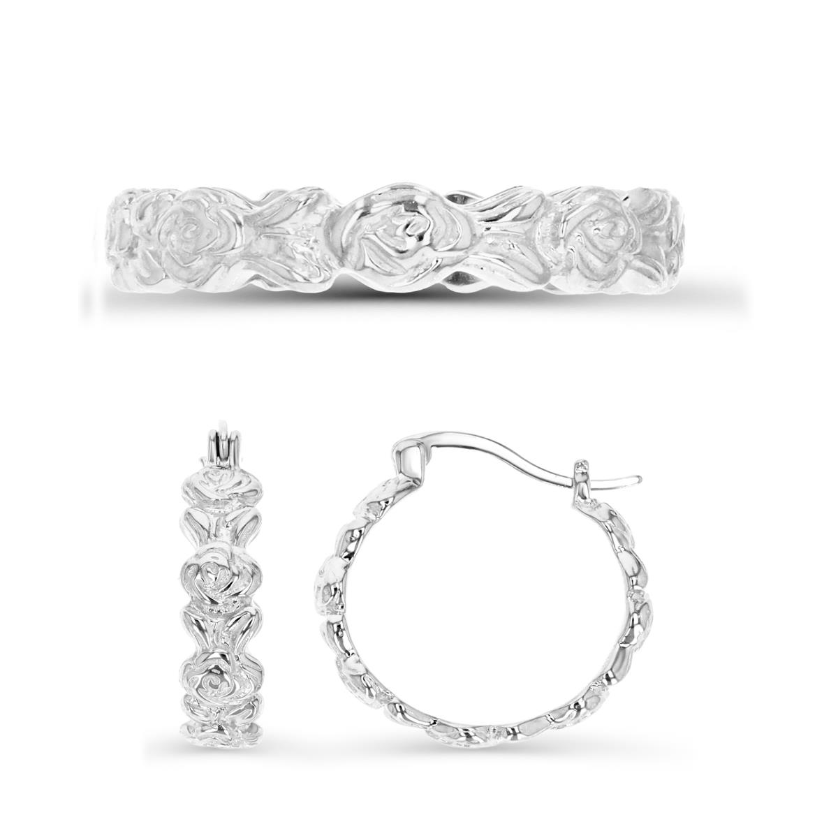 Sterling Silver Rhodium 20X5; Polished & Textured Floral Ring & Hoop Earring Set Set