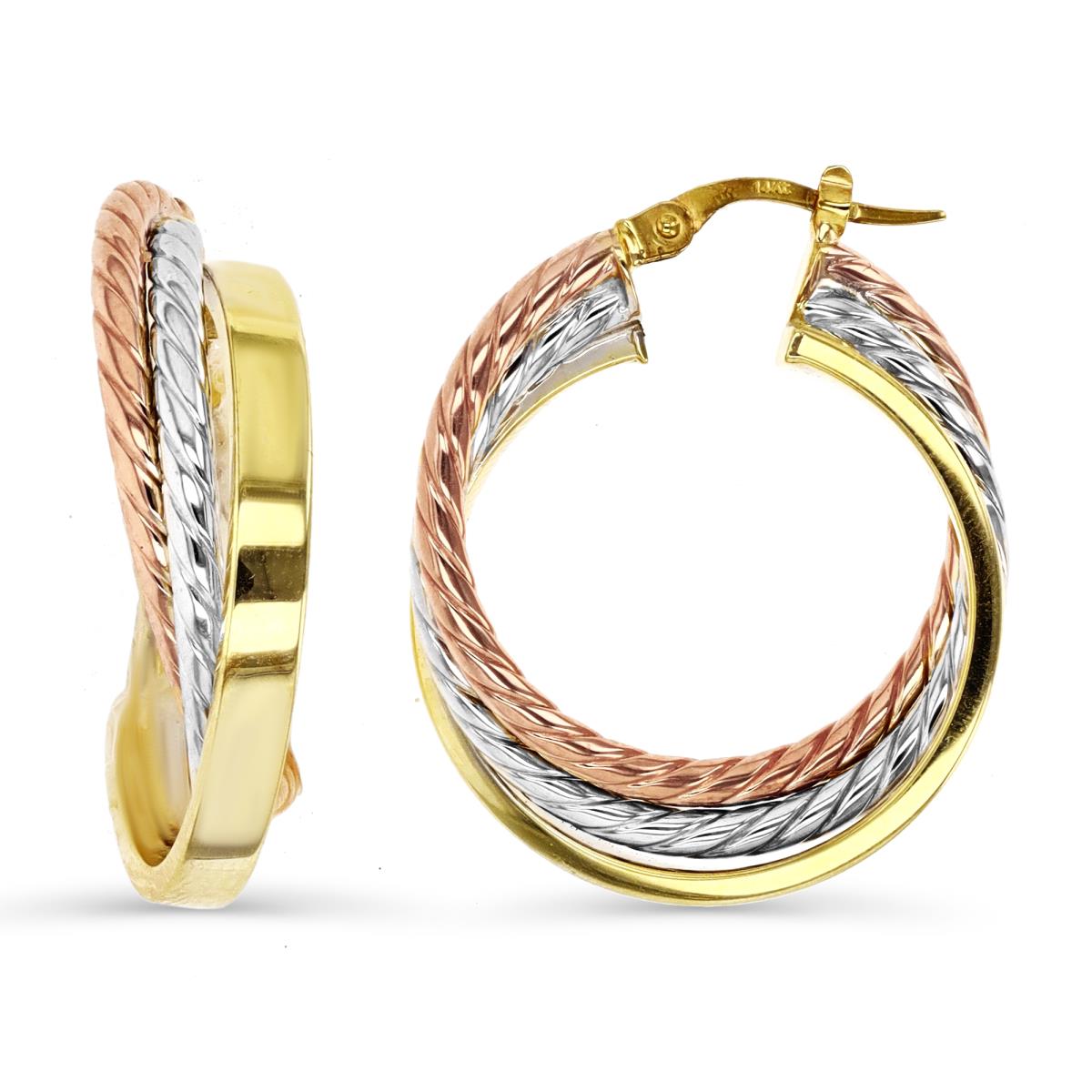 14K Gold Tricolor WYR 30X7MM Polished & Rope Textured Twisted Hoop Earring