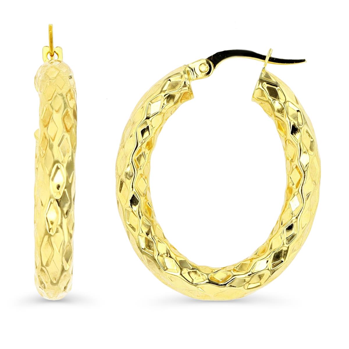 14K Gold Yellow 30X4MM Rhombus Textured Hoop Earring
