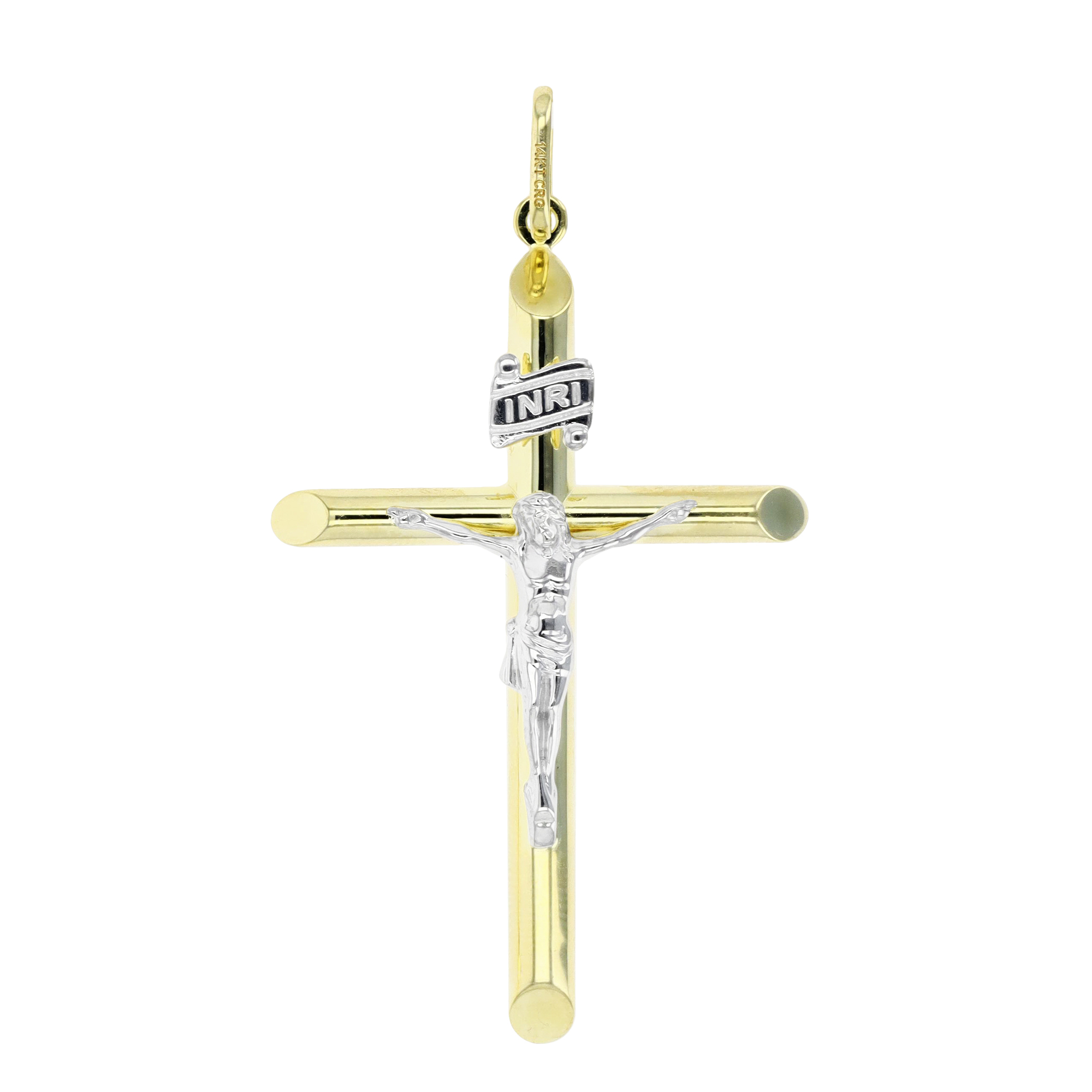 14K Gold Yellow & White 50MM Crucifix Tube Pendant