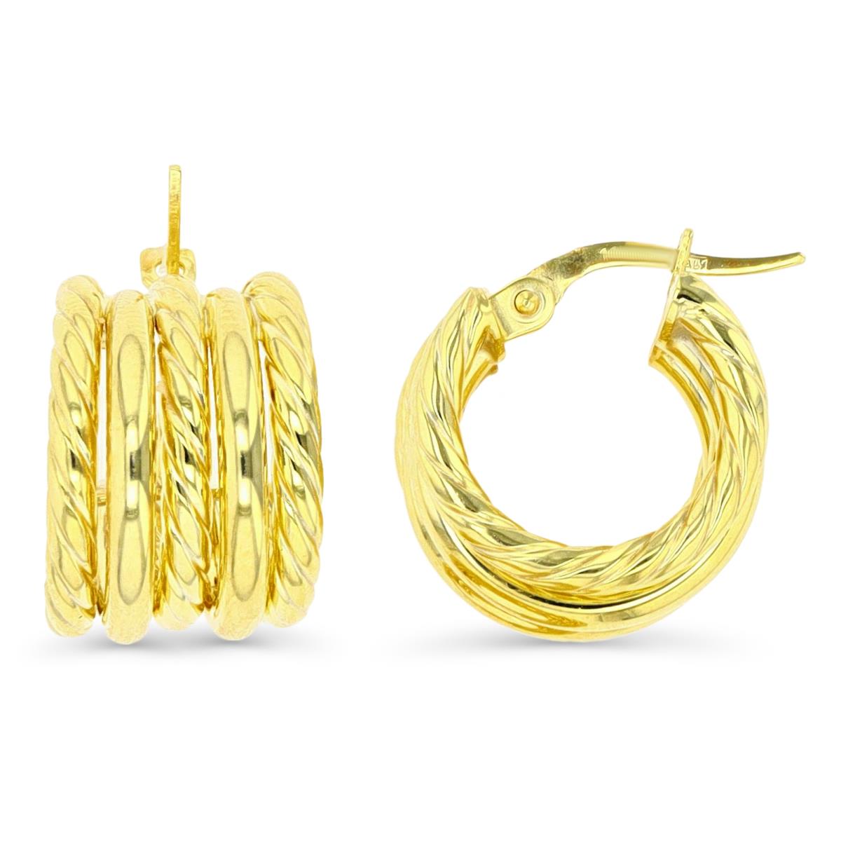 14K Gold Yellow 15X10MM Polished & Textured 5 Row Huggie Earring