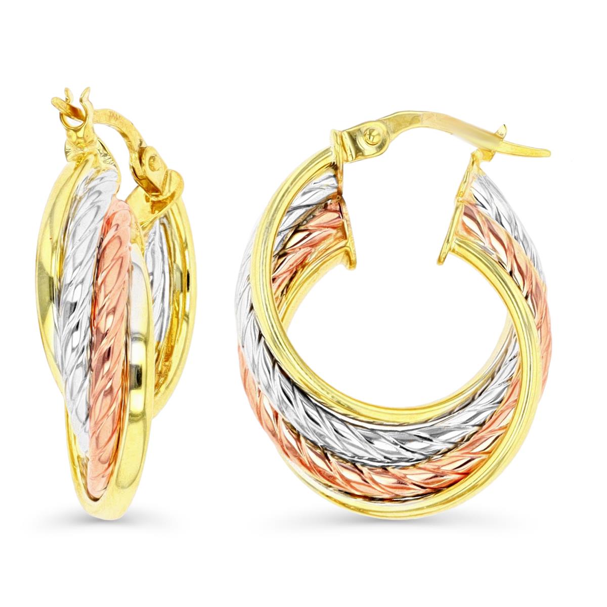 14K Gold Tricolor WYR 25X7.5MM Polished & Rope Textured Hoop Earring