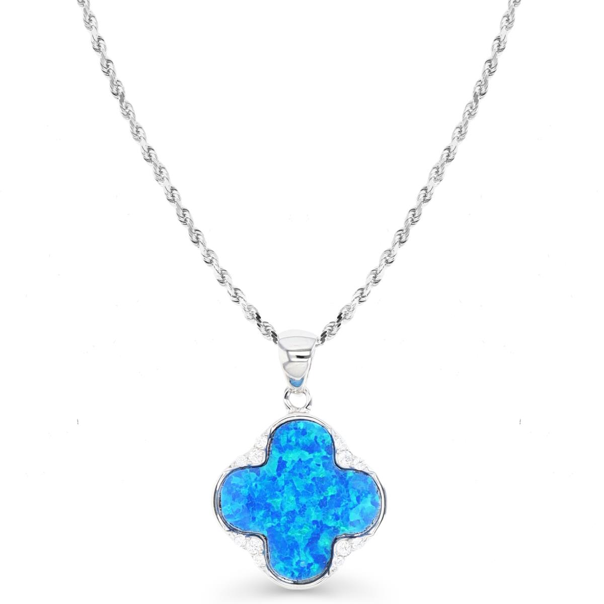 Sterling Silver Rhodium & Cr. Blue Opal and White CZ Clover 18+2" Singapore Necklace
